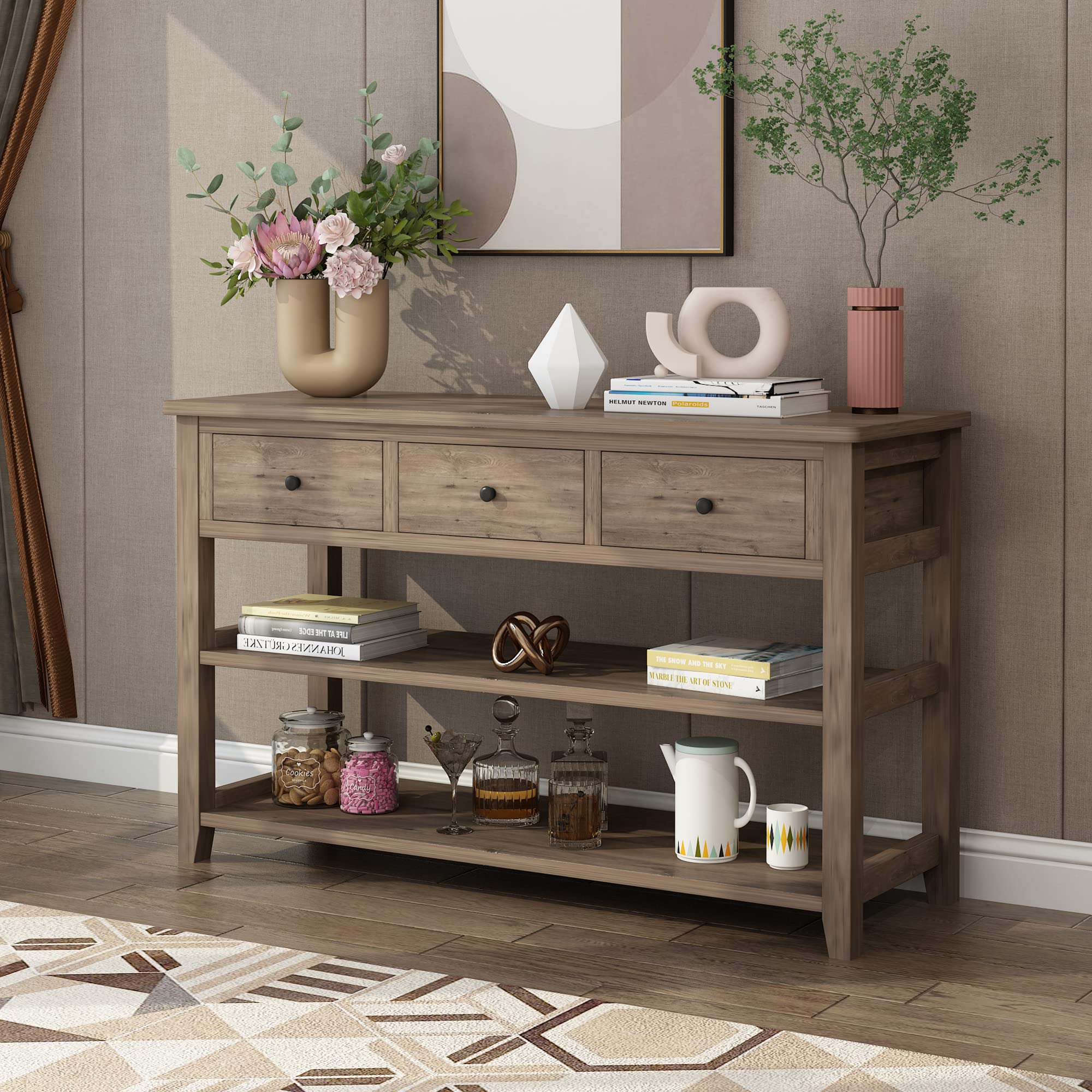 Modern 3-Tier Console Table with 3 Drawers & Storage Shelves - Narrow Entryway Sofa Table for Living Room, Hallway, Bedroom - Space-Saving Grey Sideboard for Small Apartments & Home Decor
