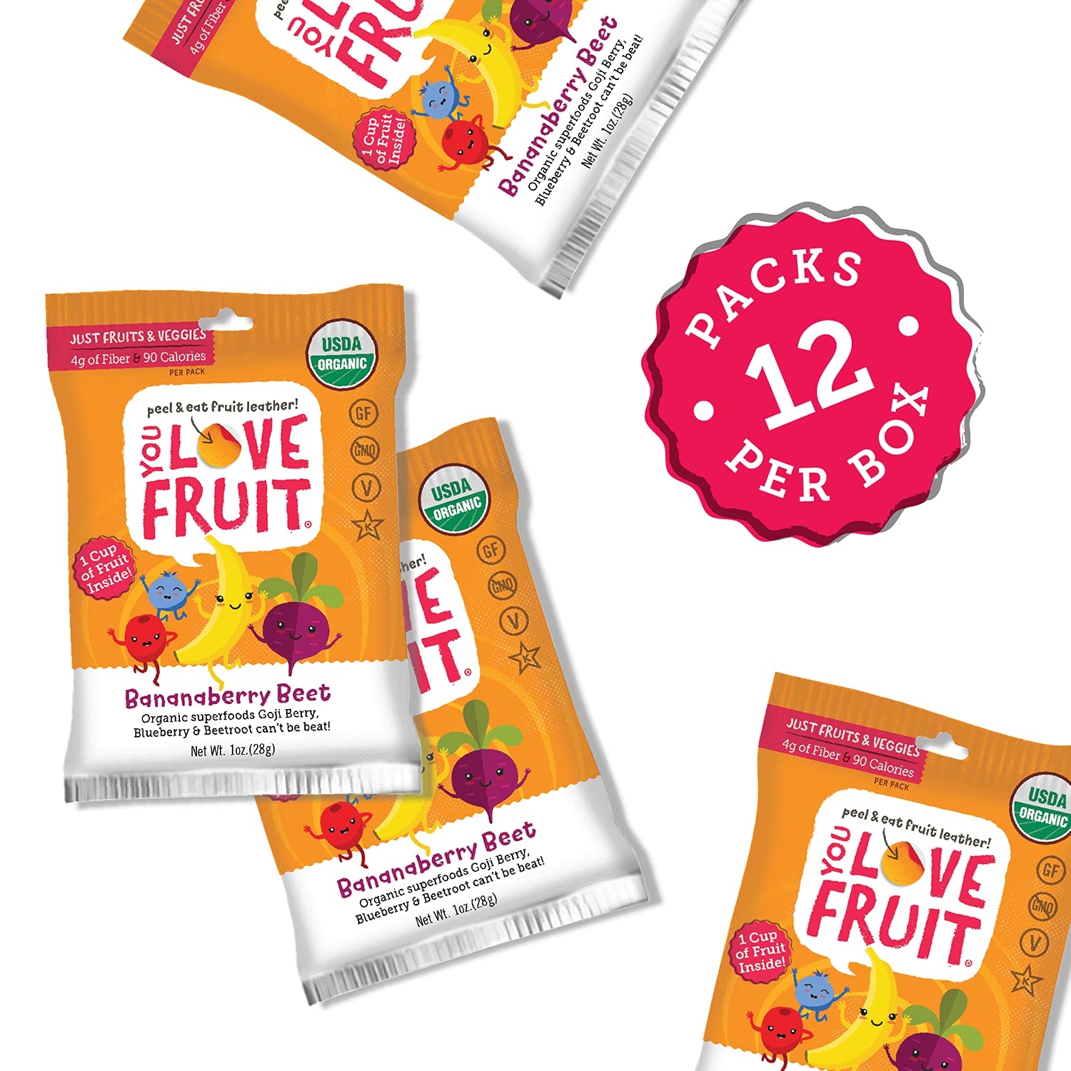 BANANABERRY BEET All Natural Fruit Snacks - Healthy Vegan Snack Pack, Gluten Free, Non GMO, Kosher, Low Fat, High Fiber, Real Fruit Variety Pack (1.0 oz, Pack of 12) - Perfect for On-the-Go Snacking, Lunchboxes, and Gift Baskets