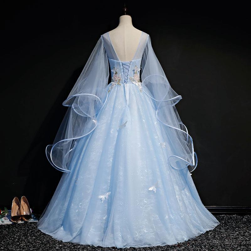 Elegant Blue Long Sleeve Ball Gown Dress for Sweet 16 Birthday Party | Butterfly Embroidery Formal Gown | Perfect for Quinceañera, Prom, Homecoming & Special Occasions