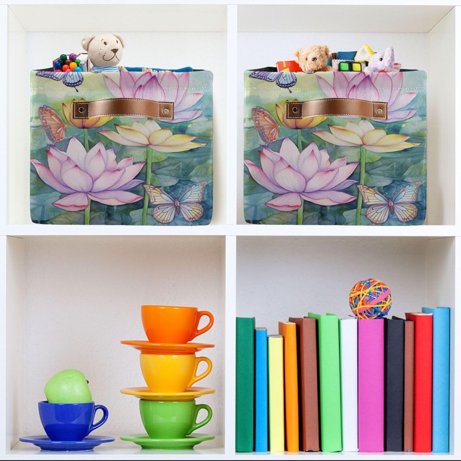Lotus Painting Foldable Fabric Storage Baskets - 2 Pack Rectangle Canvas Organizer with Handles for Clothes, Home & Office Organization | Perfect for Closet Shelves, Bedroom Decor & Laundry Room Storage