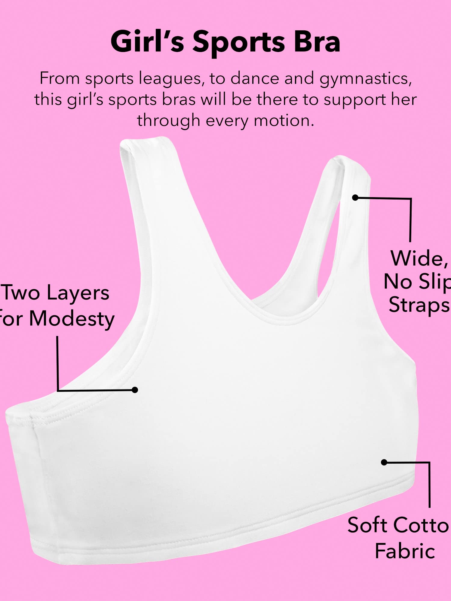 Fruit of the Loom Girls' Cotton Built-up Stretch Sports Bra - Comfortable Support for Active Kids | Perfect for Gymnastics, Dance & Playtime