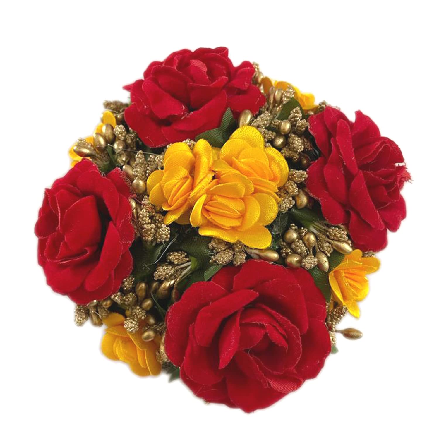 GuruEmbelish Artificial Flower Hair Bun Gajra - Bridal Hair Styling Accessories for Women & Girls (Pack of 1, Yellow & Red) - Perfect for Weddings, Parties & Festive Occasions
