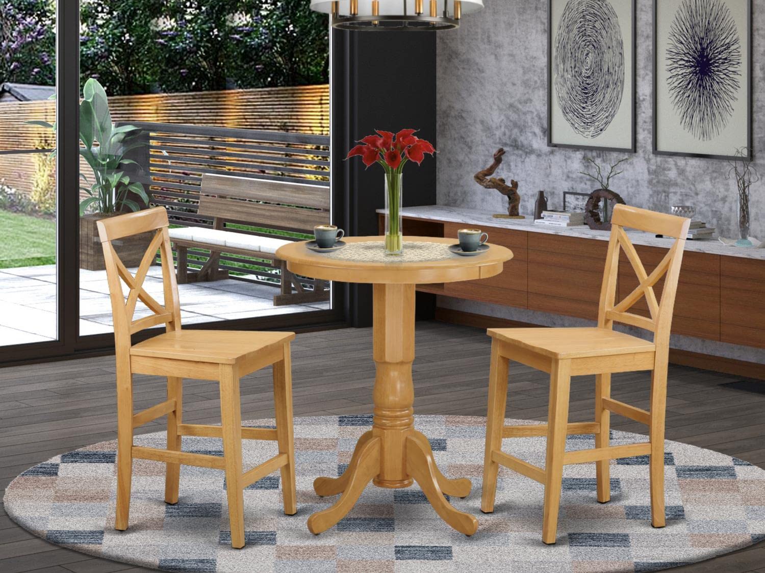 East West Furniture 3-Piece Counter Height Dining Set - 30x30 Inch Round Oak Table with Pedestal Base & 2 Kitchen Chairs | Perfect for Small Spaces, Breakfast Nooks, and Apartment Dining Areas