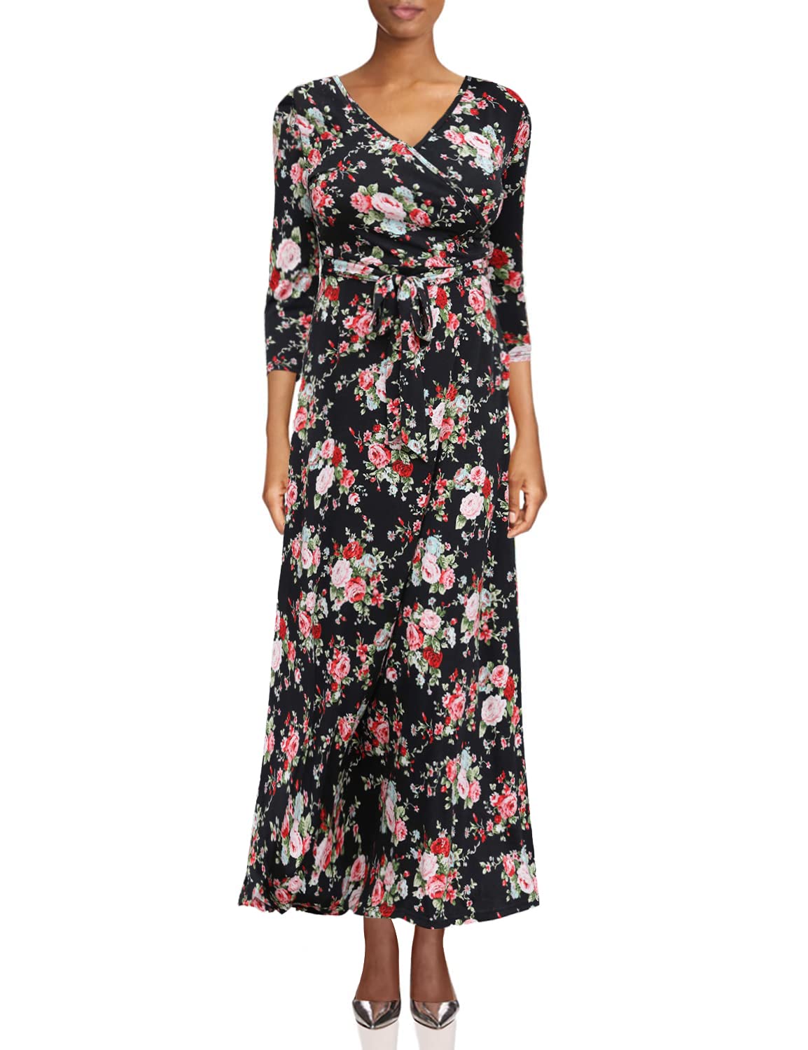 Aphratti Women's Floral Faux Wrap Maxi Dress with Sleeves - Elegant Fit & Flare Long Dress for Casual Wear, Summer Parties & Beach Vacations