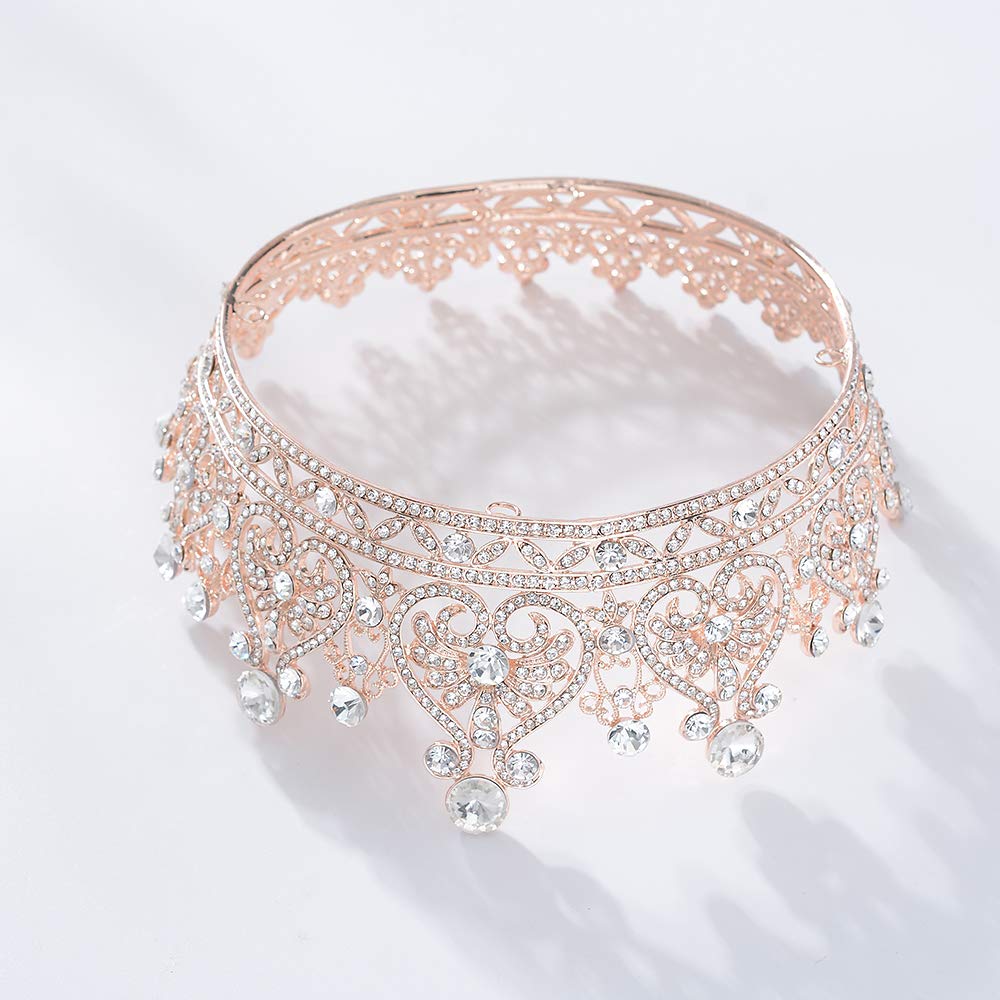 Rose Gold Crystal Crown for Women - Full Round Queen Tiara Headpiece for Pageant, Wedding, Bridal & Costume Parties | Elegant Party Accessory for Prom, Birthday & Special Events