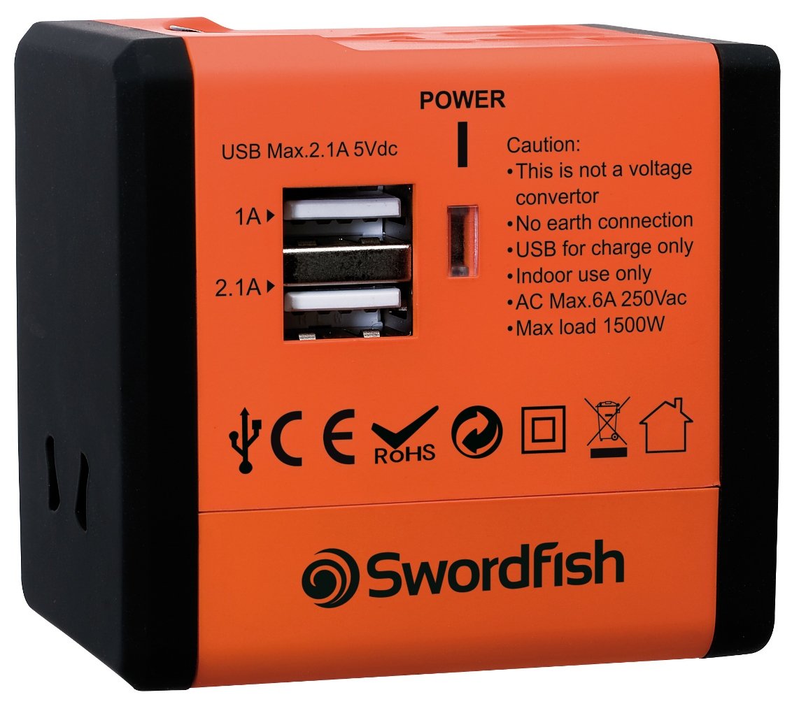 Swordfish 40253 VariPlug Dual USB Universal Travel Plug Adapter & Charger - Orange | Worldwide Compatibility for Phones, Laptops & Cameras | Perfect for Business Trips & Vacations