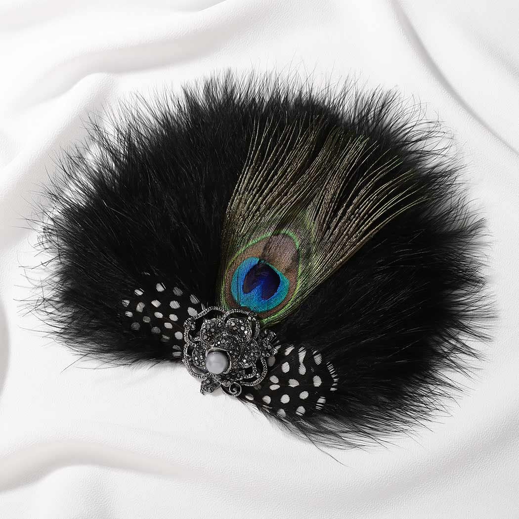 Vintage Black Feather Hair Clip for Women - 1920s Peacock Feather Headpiece, Roaring 20s Gatsby Style Hair Accessories for Cocktail Parties, Weddings, Flapper Costumes & Themed Events