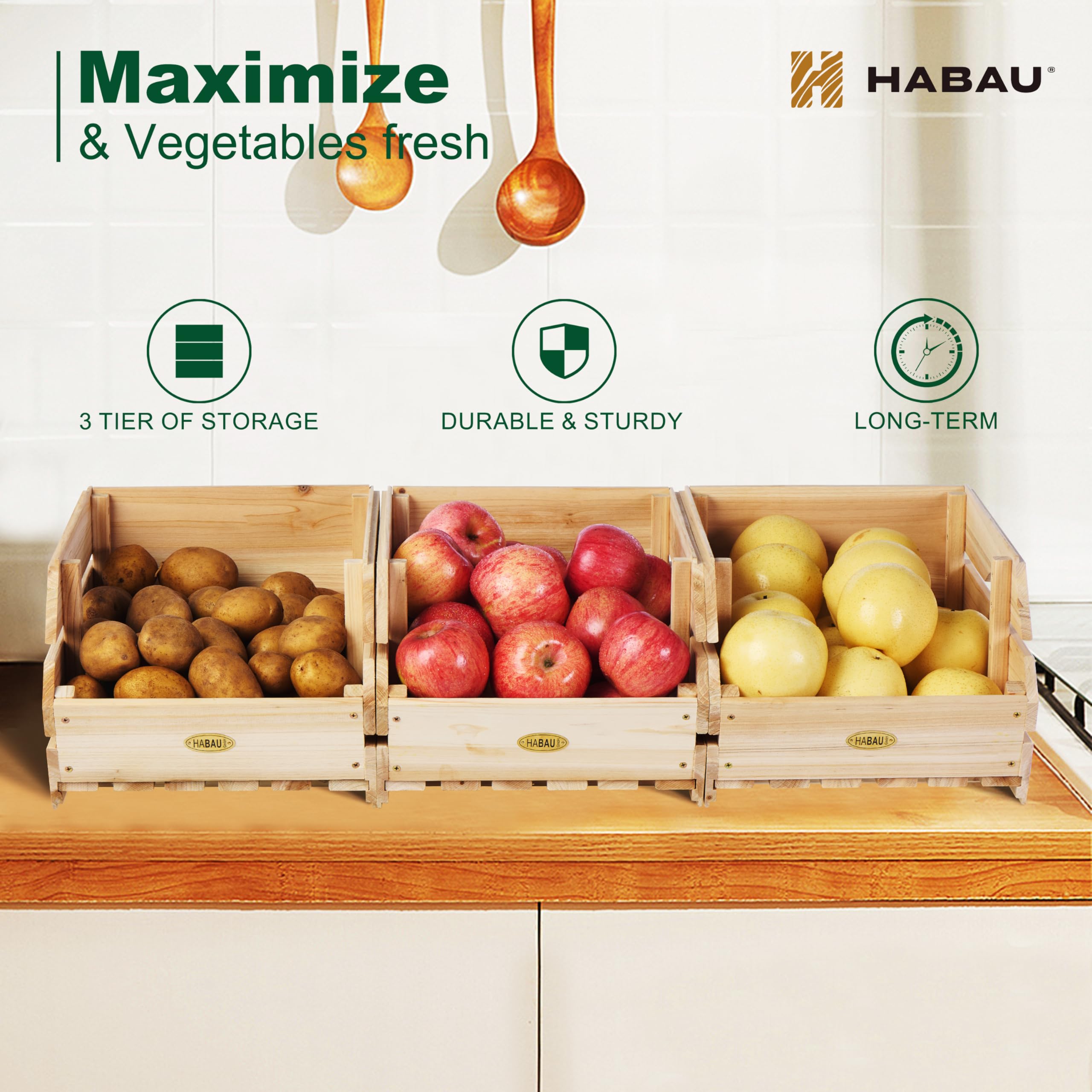 Stackable Wooden Potato Onion Storage Bins - 3-Piece Set for Kitchen Pantry Organization, Perfect for Storing Fruits and Vegetables - Ideal for Home, Restaurant, and Grocery Store Use