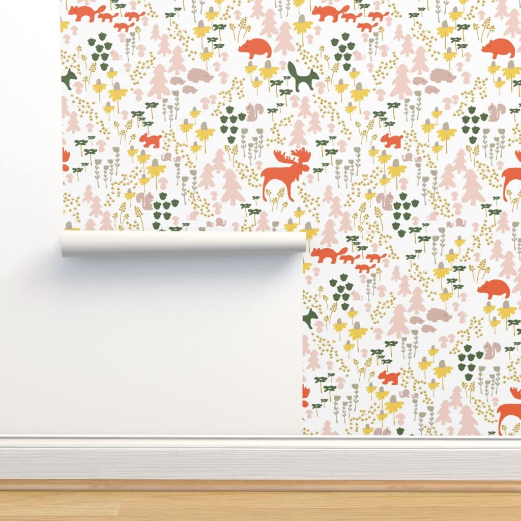 Peel & Stick Wallpaper 12ft x 2ft - Whimsical Woodland Animal Forest Design with Moose & Bear, Fall Nursery Decor, Gender Neutral Floral Pattern, Removable Custom Wallpaper by Spoonflower | Perfect for Kids Rooms, Nursery Decor & Home Accent Walls