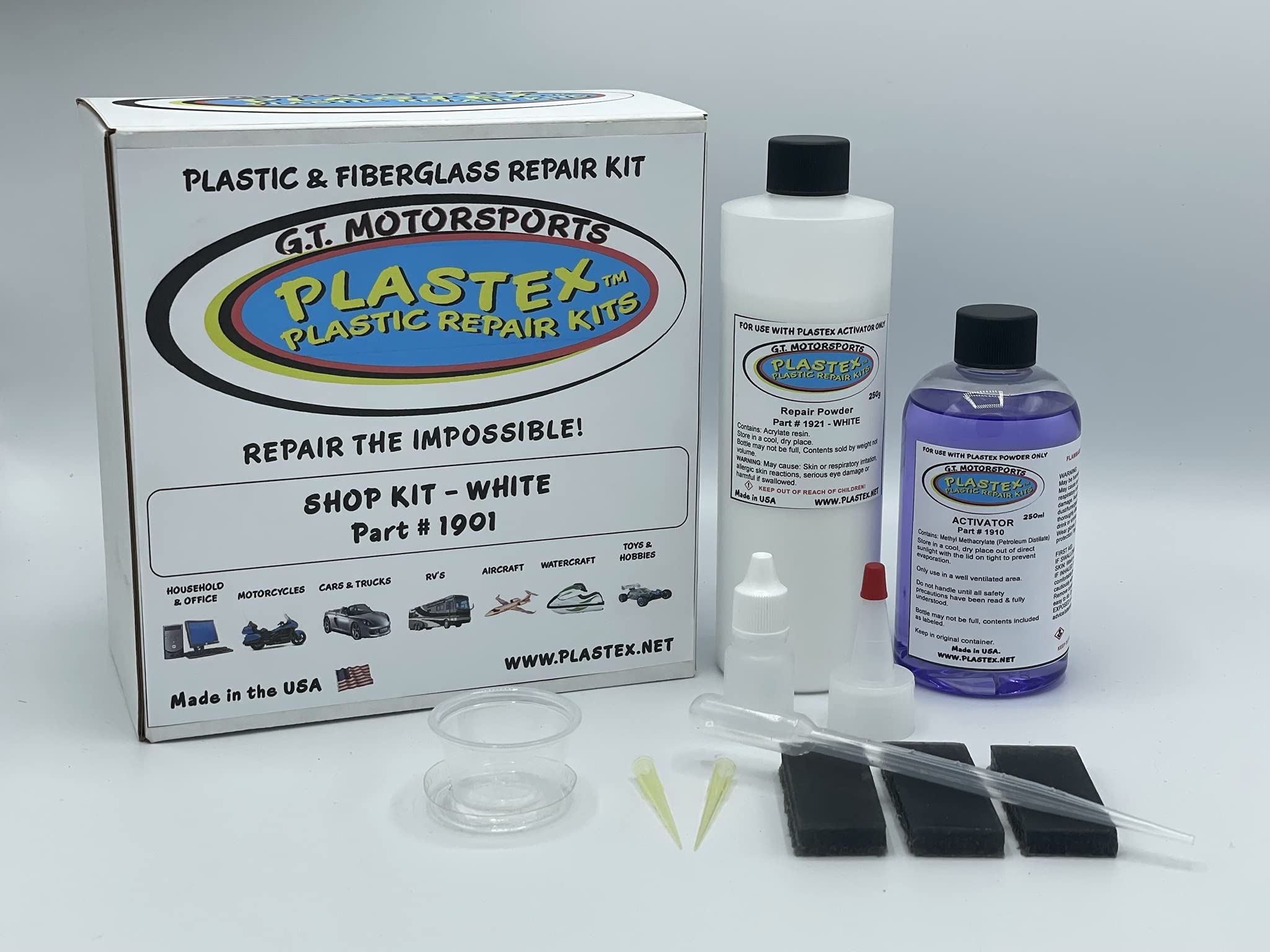 Plastex Plastic and Fiberglass Repair Kit - Strong Adhesive for Fixing Broken Plastic, Wood, Fiberglass & More - Large/Shop Kit (White) - Perfect for DIY Home Repairs, Automotive Fixes & Marine Applications