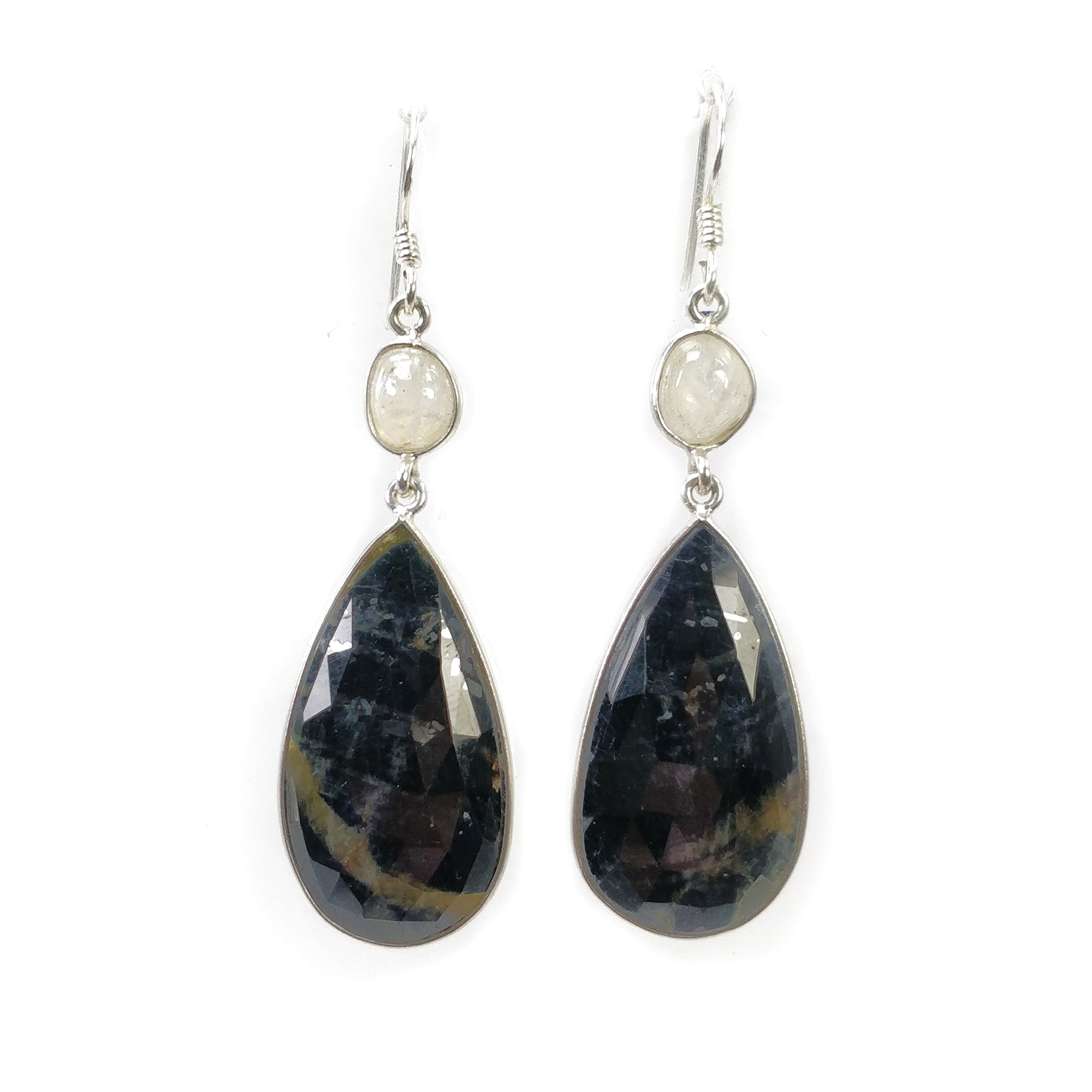 925 Sterling Silver Blue & Yellow Sapphire Bezel Set Drop Dangle Earrings - 12.06g Natural Untreated Gemstone Hook Earrings for Women - Perfect for Weddings, Parties & Special Occasions