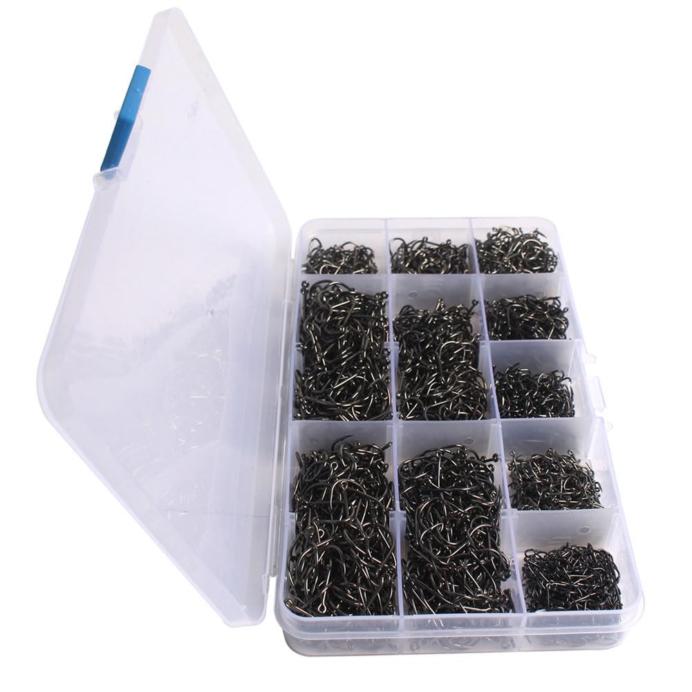 1600PCS Barbed Fishing Hooks with Holes - 10 Size Bait Holder Worm Hooks | Carbon Steel Bass Fishing Hooks for Saltwater & Freshwater | Perfect for Bass, Trout, and Catfish Fishing