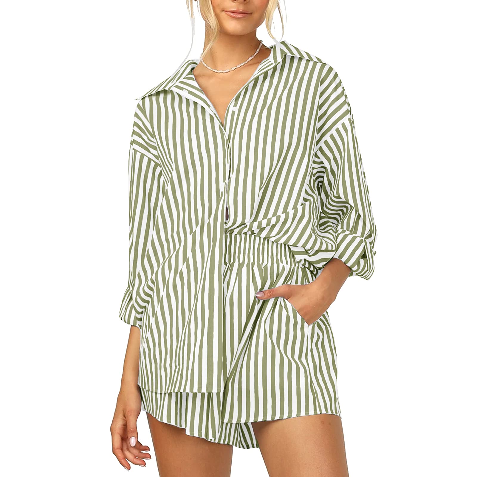 ISZPLUSH Women's 2 Piece Casual Outfit Set - Soft Long Sleeve Shirt & High Waisted Shorts with Side Pockets | Lounge Wear, Summer Outfits, Street Style Fashion