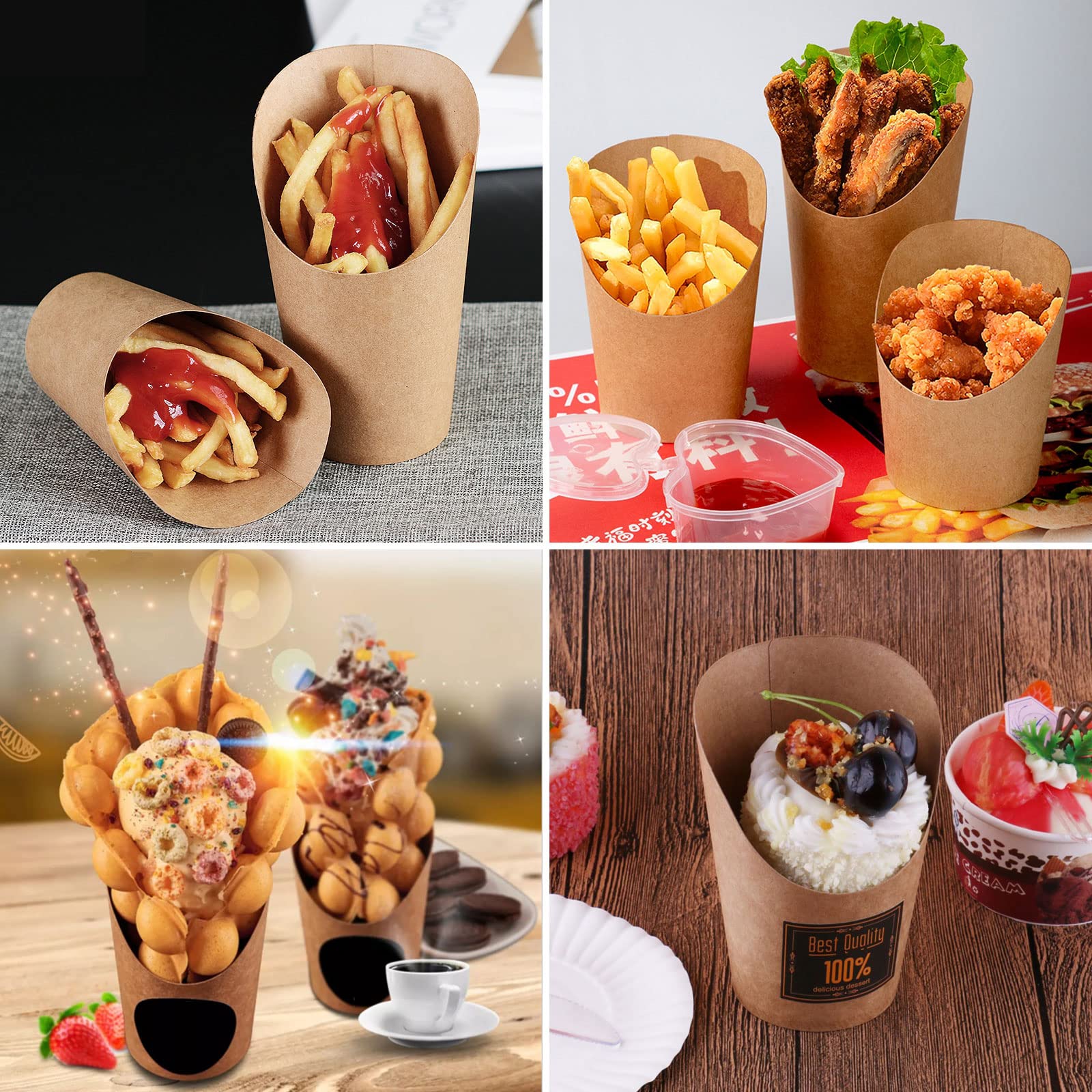 100 Pcs 12oz Disposable French Fry Holders & Charcuterie Cups - Kraft Paper Snack Containers for Fries, Popcorn, Ice Cream, Desserts | Perfect for Parties, Movie Nights & Fast Food Restaurants