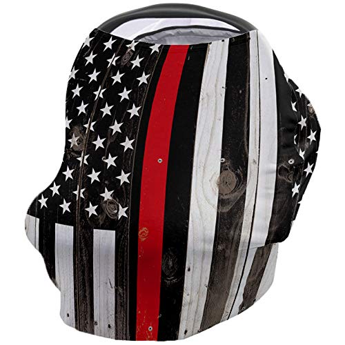 Breastfeeding Nursing Cover - Multi-Use Baby Car Seat Canopy with USA Flag & Thin Red Line Firefighter Design - Stretchy, Breathable Scarf Shawl for Strollers, High Chairs & Shopping Carts - Perfect for Boys & Girls - Ideal for Outdoor Nursing, Shopping & Travel