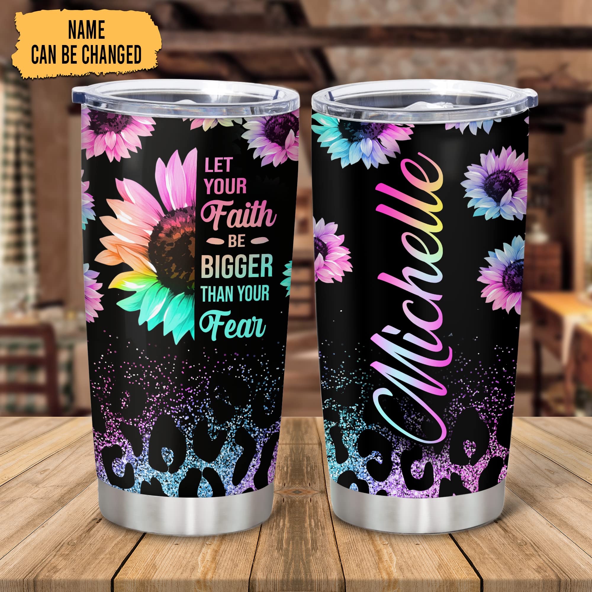 Personalized Sunflower Stainless Steel Tumbler 20oz with Lid - Custom Name Floral Gift for Women - Birthday, Christmas Present for Sunflower Lovers - Perfect for Office, Travel & Outdoor Activities