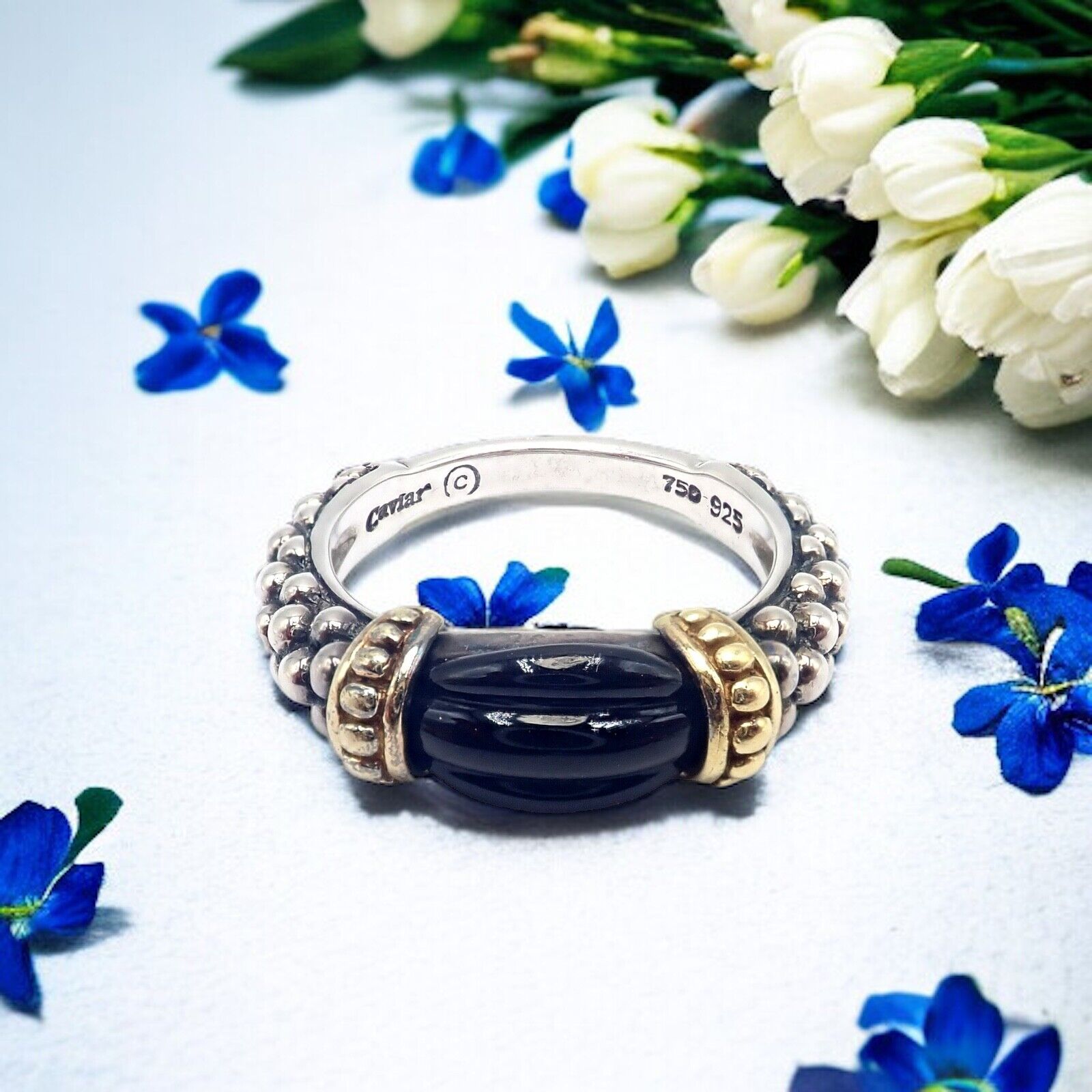Authentic Lagos Caviar Silver & 18k Yellow Gold Onyx Ring - Size 5.5 | Luxury Statement Jewelry for Women, Perfect for Weddings, Parties & Special Occasions
