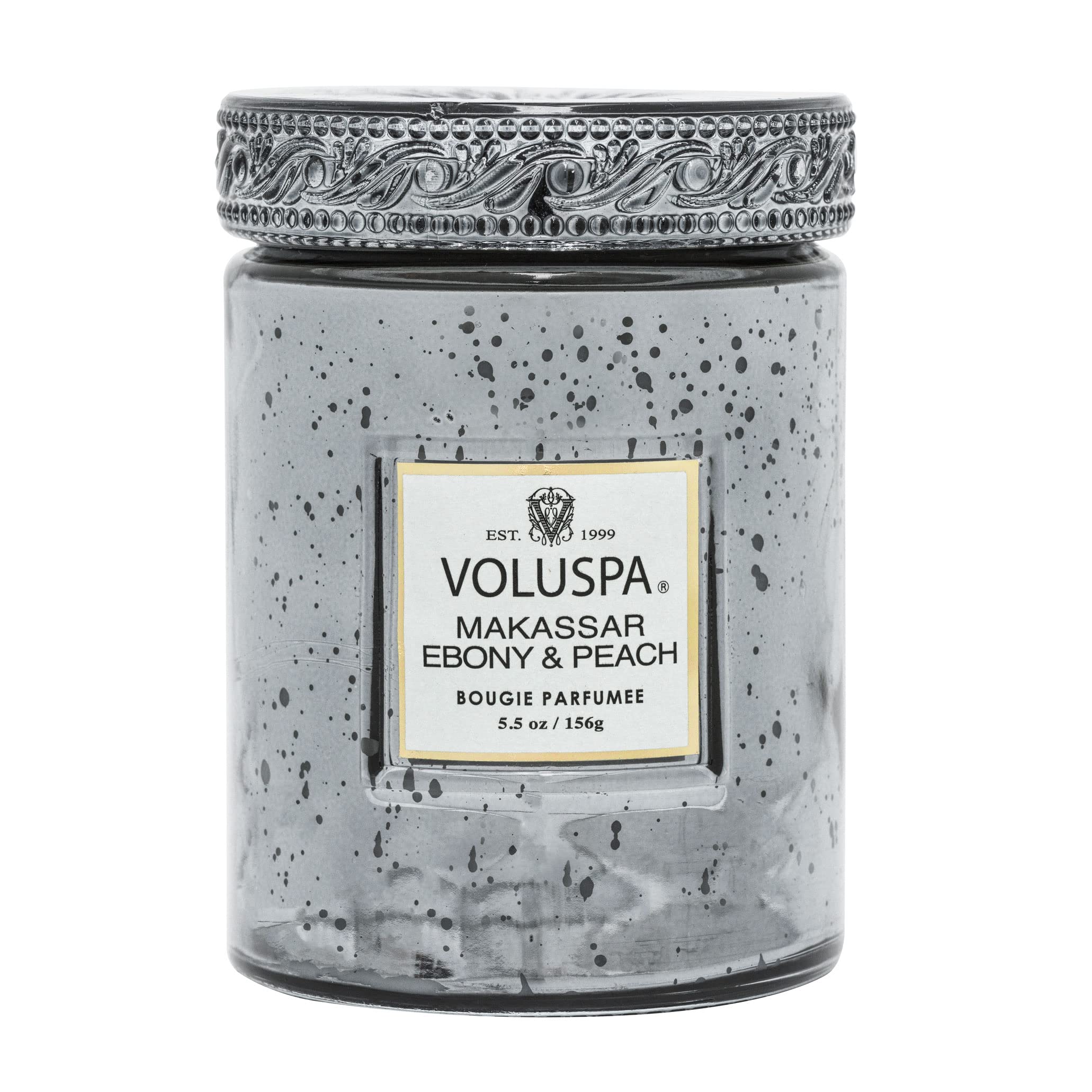 Voluspa Makassar Ebony & Peach Scented Candle - 5.5 oz Coconut Wax Jar Candle, 50 Hour Burn Time, Handcrafted in USA - Perfect for Home Decor, Relaxation & Aromatherapy