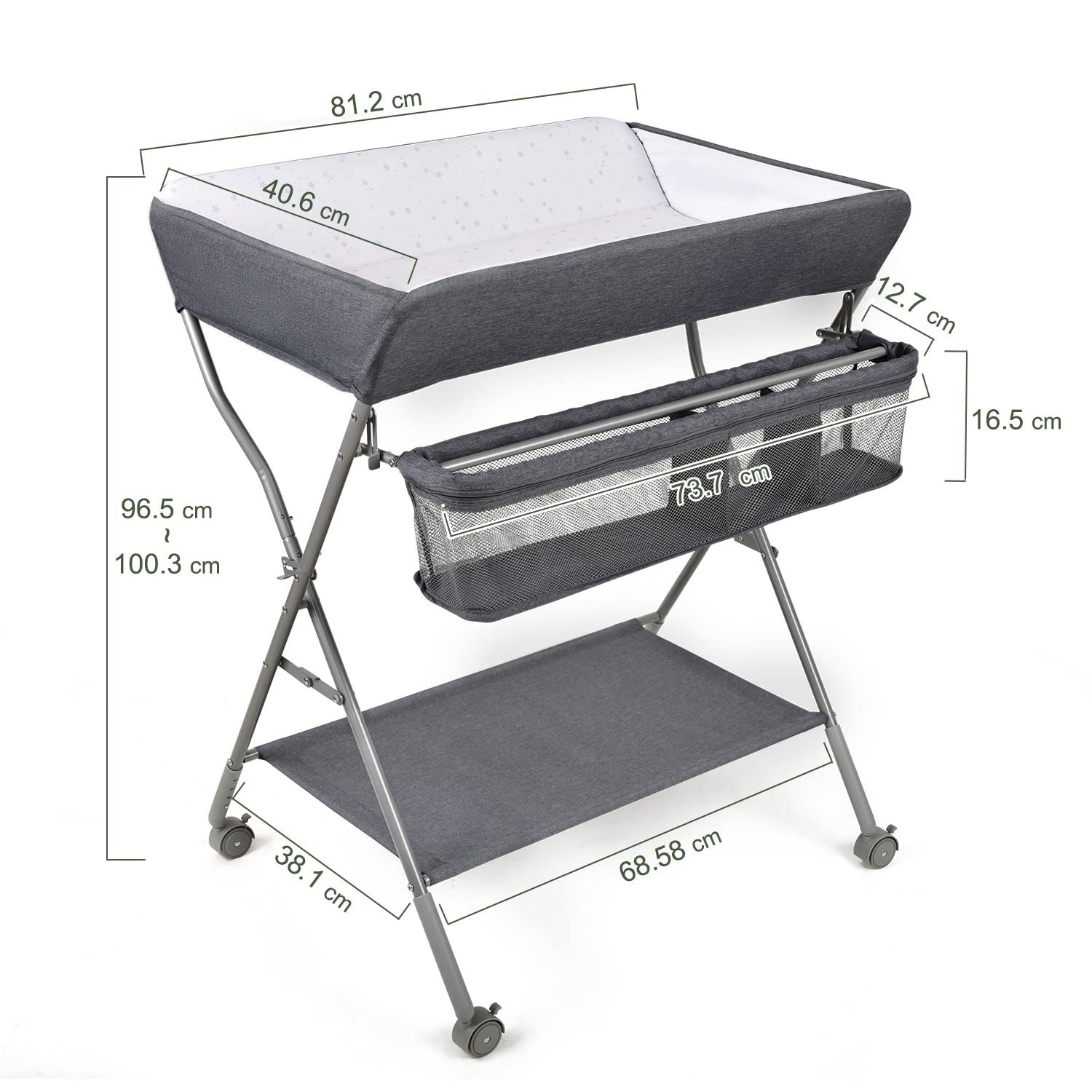 Maydolly Portable Baby Changing Table with Wheels - Adjustable Height Folding Diaper Station with Nursery Organizer & Storage Rack for Newborns & Infants - Perfect for Nursery, Bedroom & Travel Use