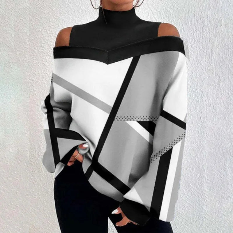 2024 Women's Long Sleeve Turtleneck Tops - Sexy Off Shoulder Hollow Out Loose Print T-Shirt | Autumn Fashion Casual Wear for Date Night, Office & Weekend Outfits