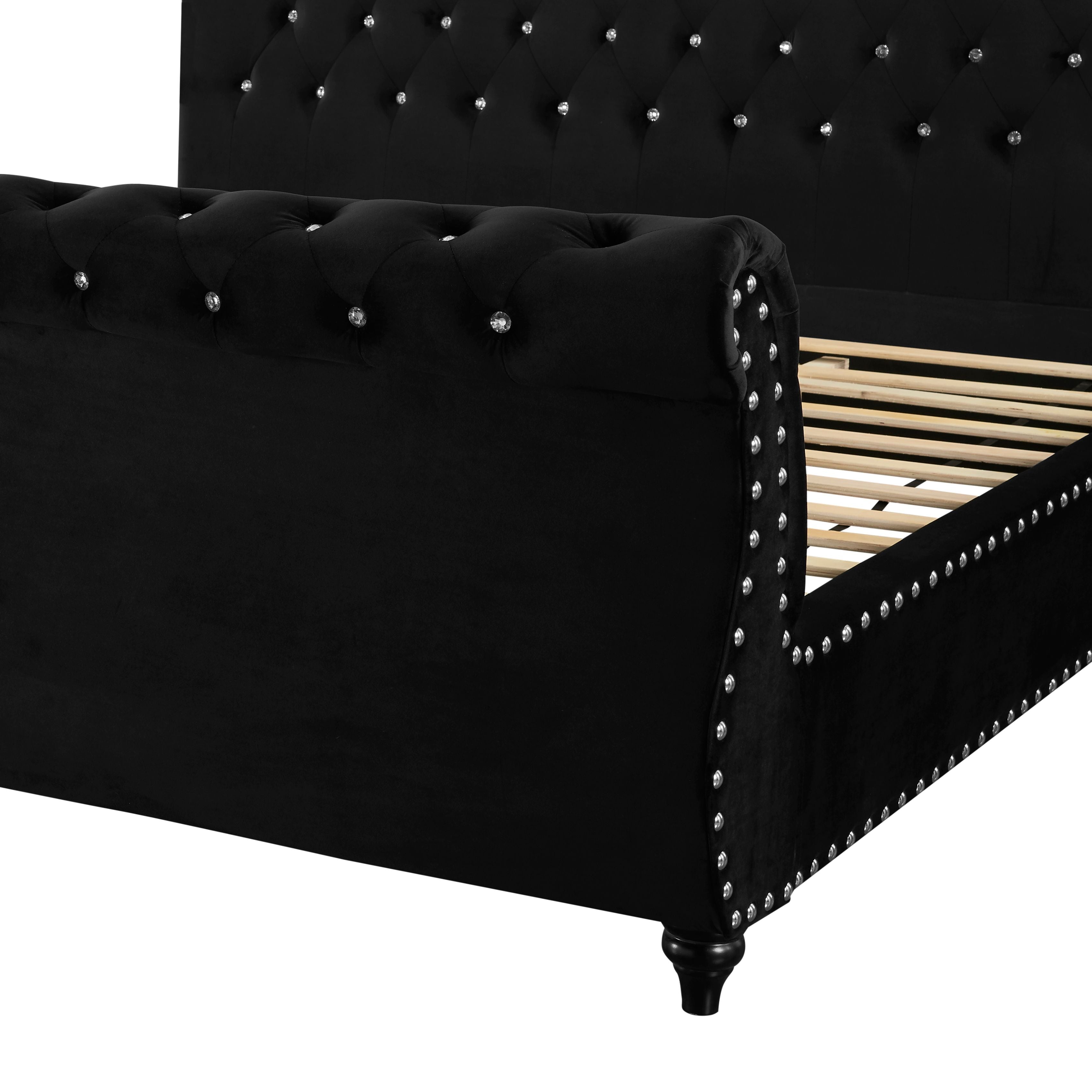 Roundhill Furniture Evora Velvet Upholstered Crystal Button Tufted Sleigh Bed - Queen Size Black Luxury Bed Frame for Master Bedroom | Elegant Tufted Headboard & Sturdy Wooden Base
