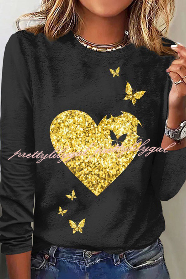 Valentine's Day Printed Round Neck Long Sleeve T-Shirt for Women - Romantic Love Heart Pattern Casual Blouse - Perfect for Date Night, Anniversary Gifts & Couple Outfits