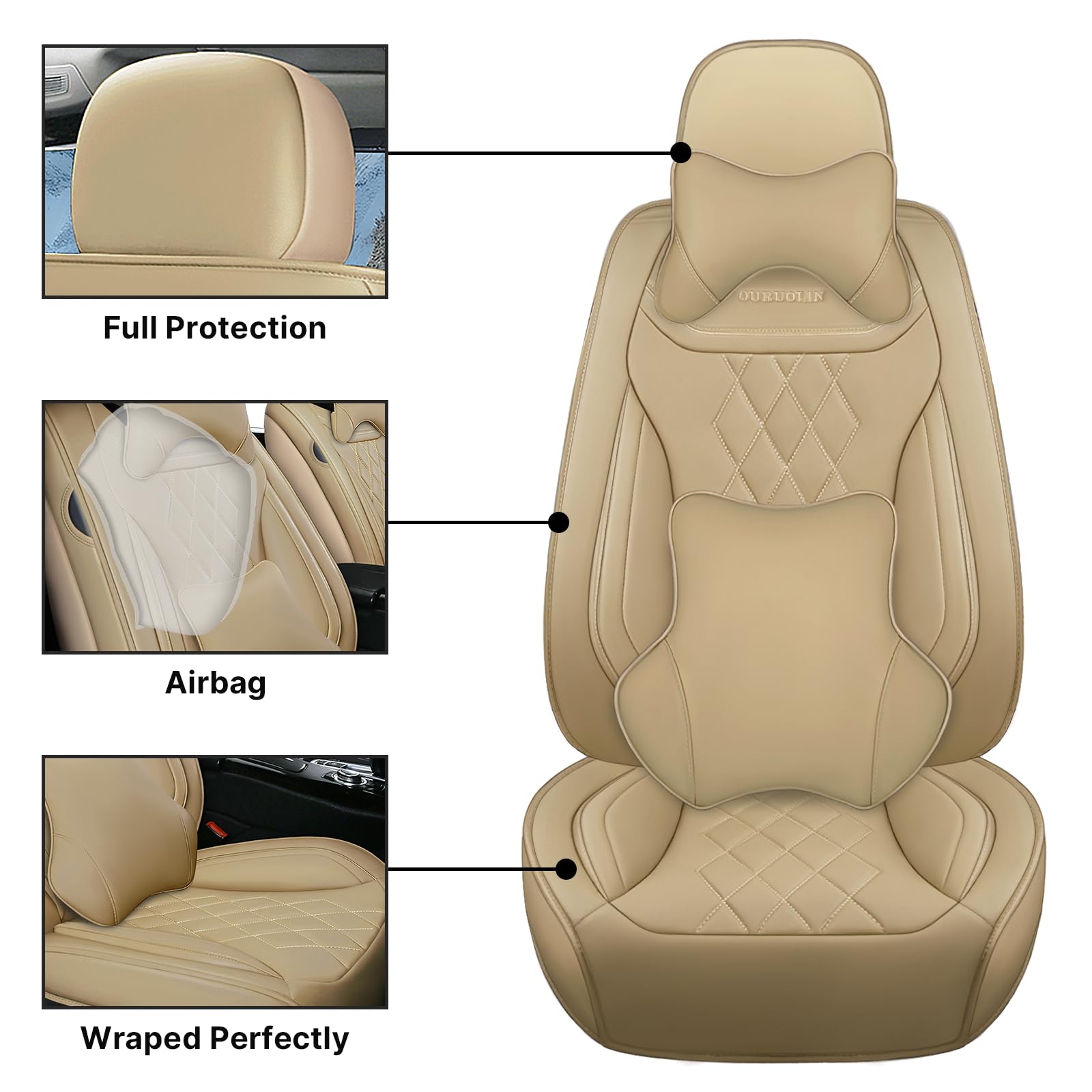 Waterproof Leather Seat Covers for Toyota Camry Hybrid 2007-2021 - Soft Breathable Front Set in Luxury Beige | Premium Car Interior Accessories for Comfort & Protection During Daily Commutes & Road Trips