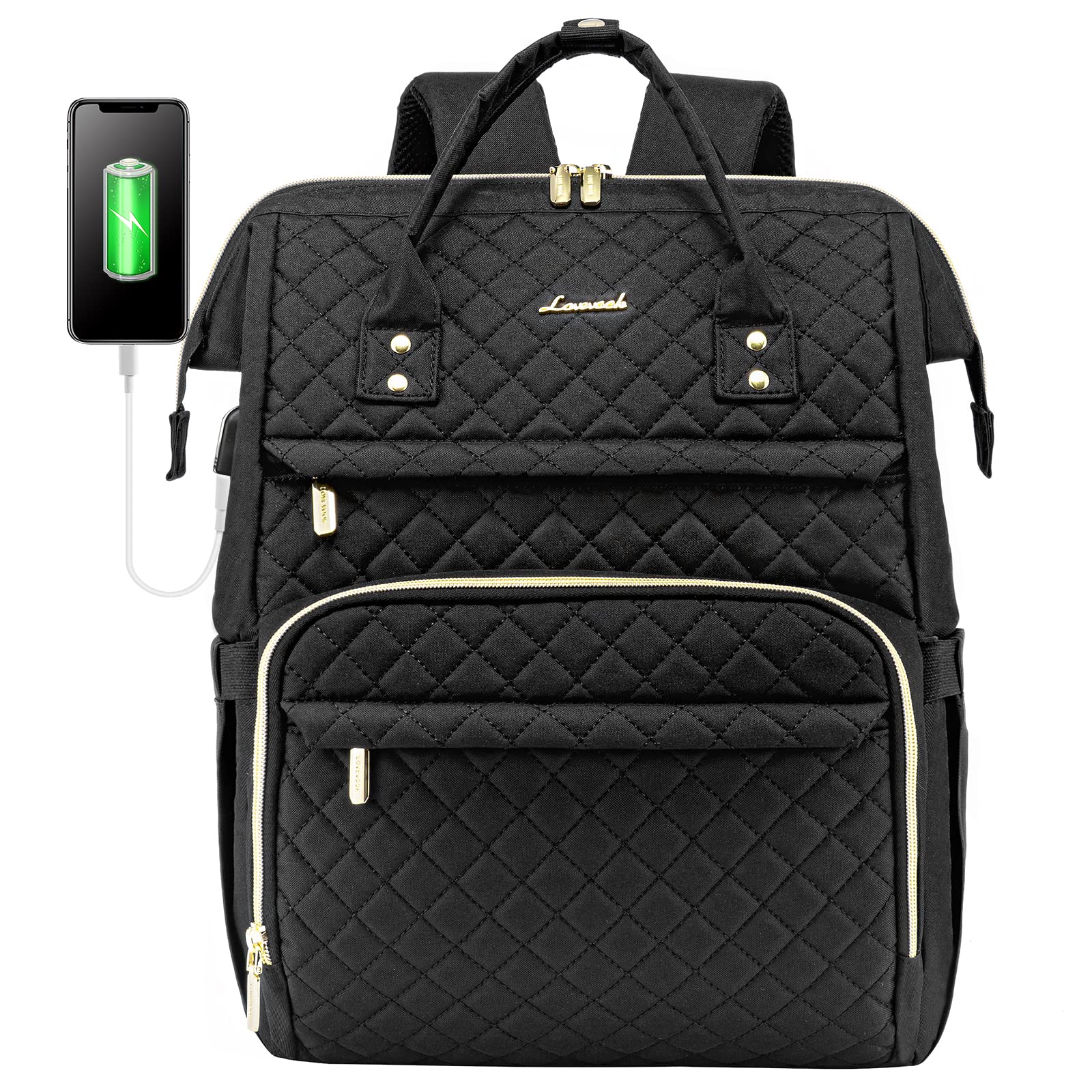 LOVEVOOK Stylish Quilted Laptop Backpack for Women with USB Port, Waterproof 15.6 Inch Computer Backpack for Work, College, Nurse, Teacher - Travel Bags in Lozenge-Black for Daily Commute & Outdoor Adventures