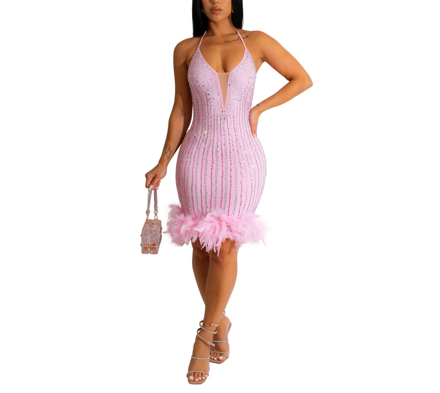 KELYWELL Women's Sexy Feather Bodycon Dress - Spaghetti Strap V-Neck Rhinestone Club Dress for Party & Night Out | Elegant Midi Dress for Cocktail, Date Night & Special Occasions