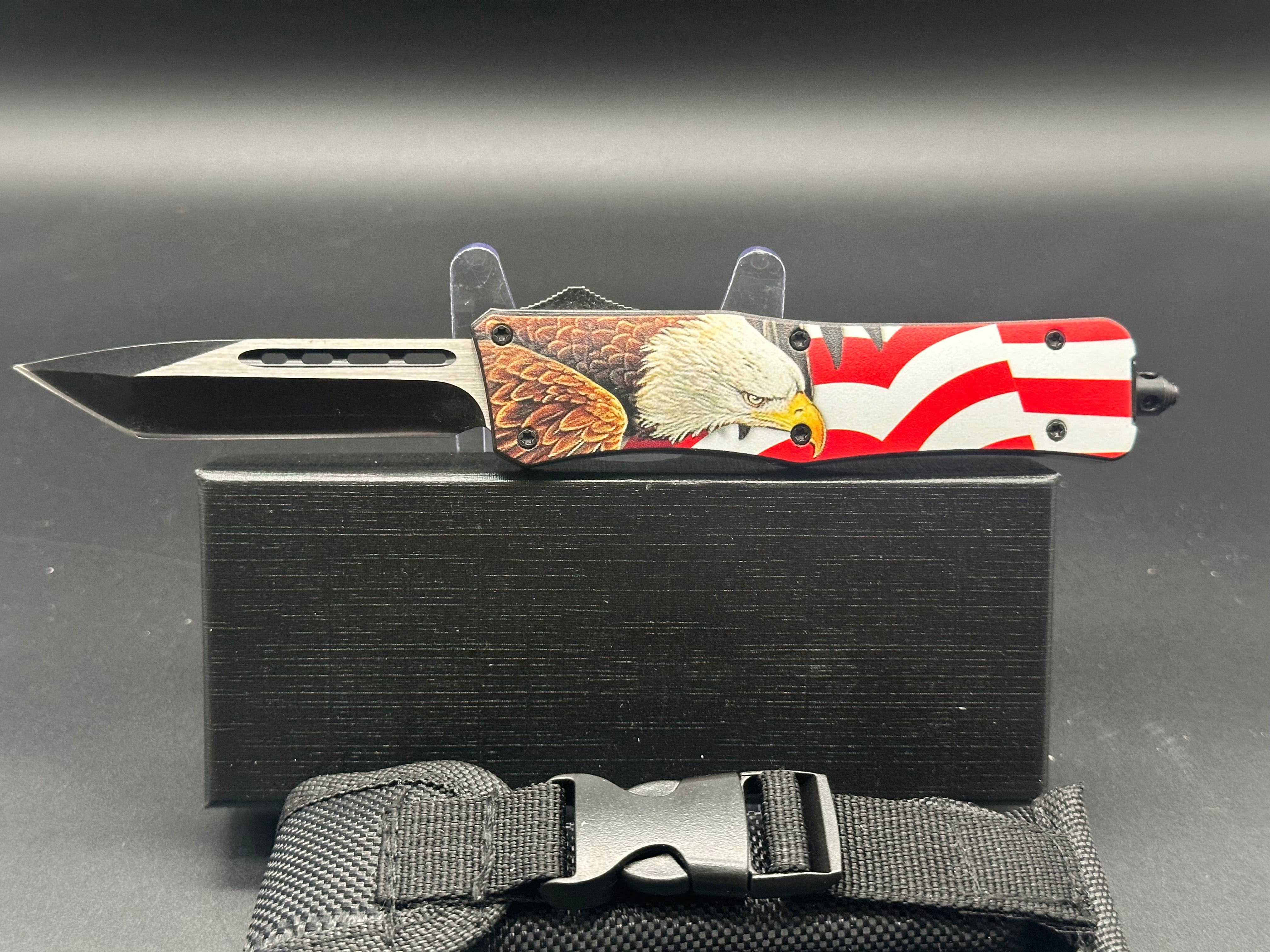 TacKnives MTUP7 Double Action OTF Knife with American Flag & Eagle Design - Perfect for Outdoor Camping, Hunting, and Everyday Carry (EDC)