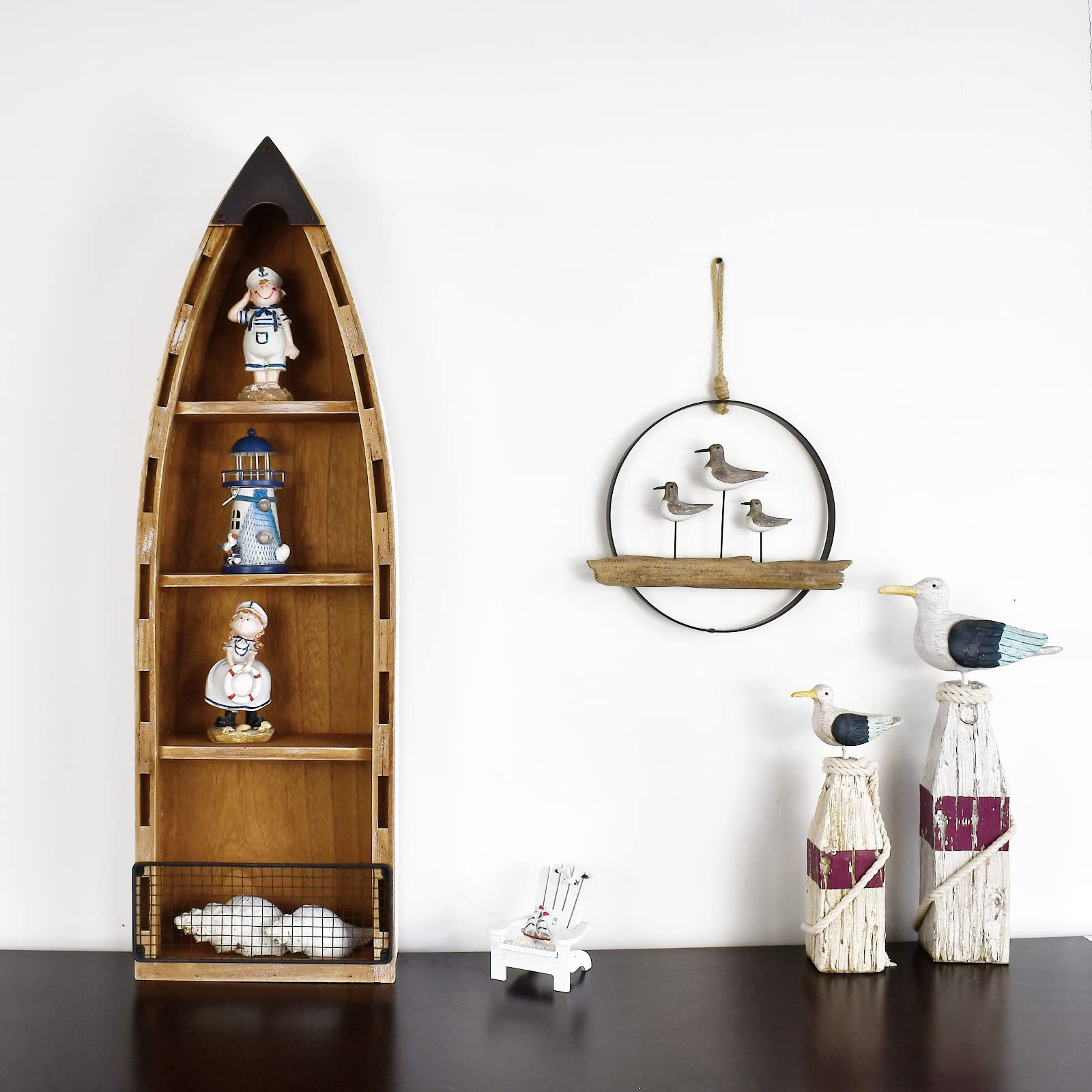Rustic Wooden Hanging Boat Shelf - 4-Tier Nautical Wall Shelf for Living Room, Bathroom & Bedroom - Beach Themed Decorative Bookcase & Display Shelf - Coastal Home Decor for Wall Art, Books & Bathroom Essentials