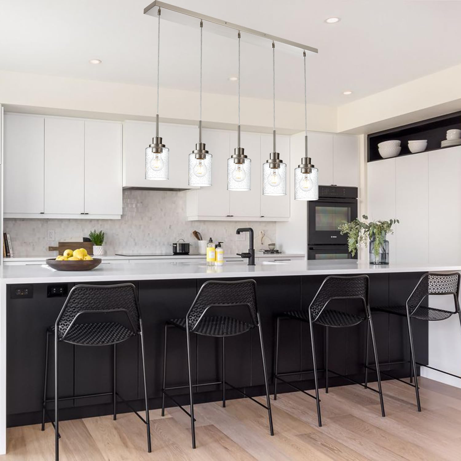 Modern Brushed Nickel Linear Chandelier - 5-Light Farmhouse Pendant Lighting with Clear Seeded Glass for Dining Room, Kitchen Island & Living Room | Contemporary Ceiling Light Fixture for Home Decor
