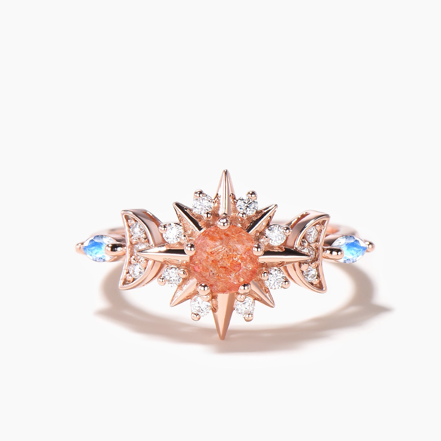 Round Cut Sunstone Moon Ring – Moonstone & Diamond Engagement Ring for Women – Perfect for Weddings, Proposals & Special Occasions