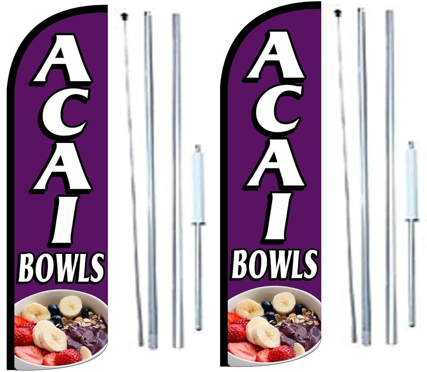 OnPoint Wares Acai Bowls Flags Pack of 2 - 3x11.5 ft Outdoor Business Advertising Flags with Complete Hybrid Pole Set | Perfect for Acai Shops, Smoothie Bars & Health Food Stores | Durable All-Weather Decoration for Storefronts, Sidewalks & Events