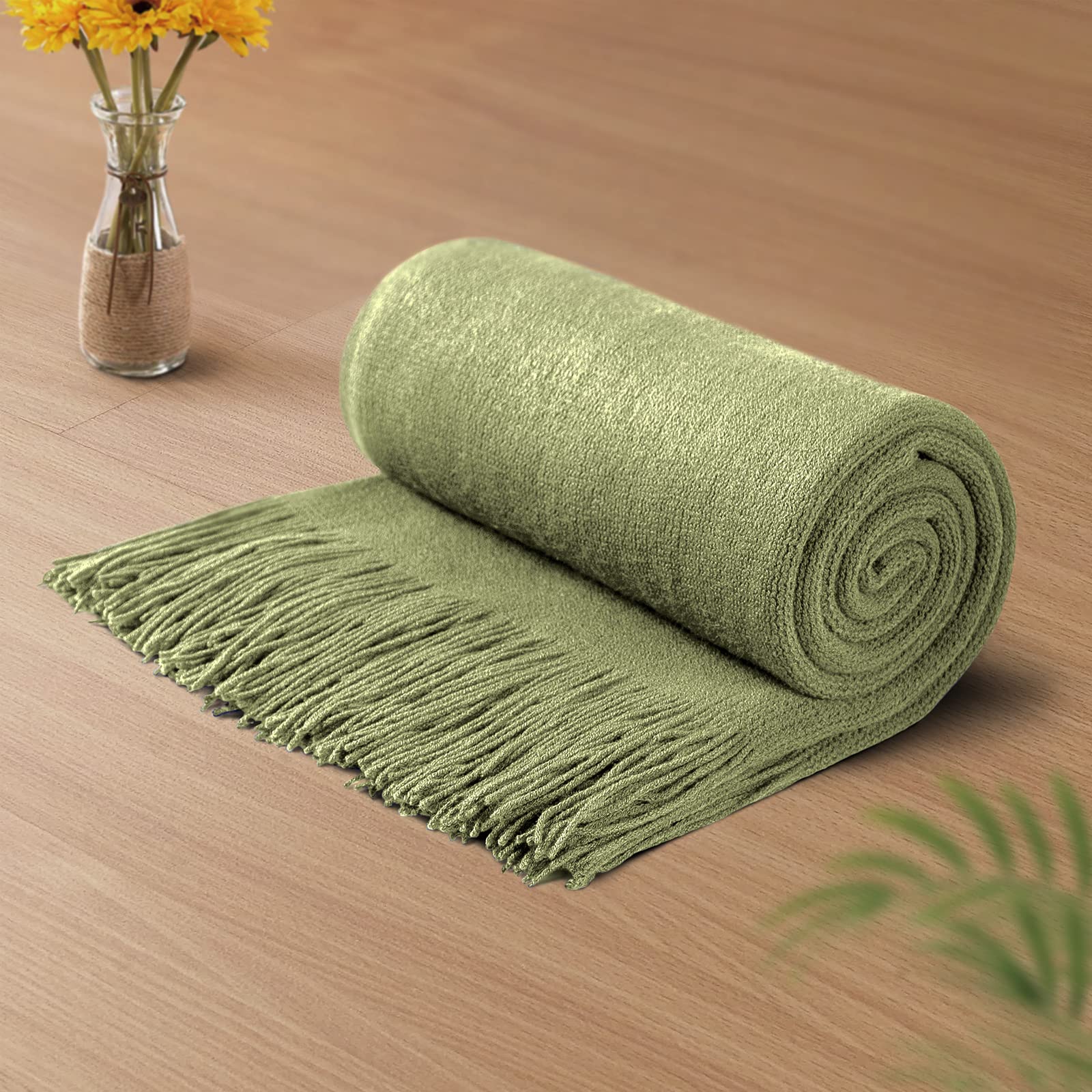Vonty Olive Green Knitted Blanket with Tassels Fringe 50