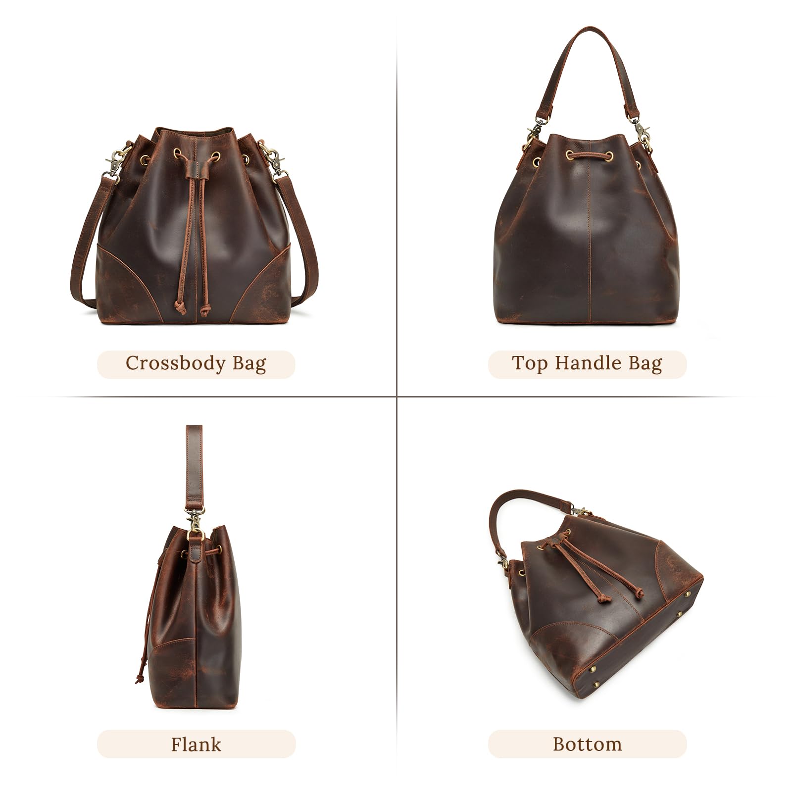 Genuine Leather Bucket Bag for Women - Drawstring Crossbody Purse with 2 Adjustable Straps, Shoulder & Top Handle Handbag | Perfect for Work, Travel & Everyday Use