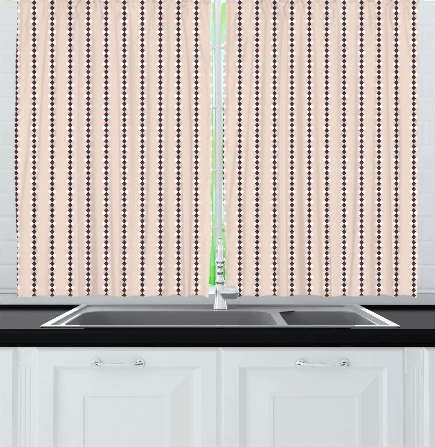 Ambesonne Geometric Long Kitchen Curtains - Peach Diamond Pattern on Cream Background, 55