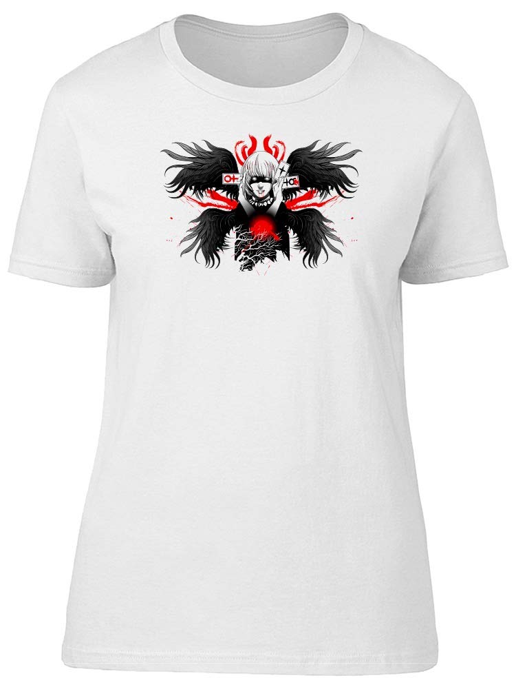 Smartprints Ghost Girl with Raven Wings T-Shirt for Women - Gothic Graphic Tee, Soft Cotton, Comfort Fit - Perfect for Halloween, Cosplay & Alternative Fashion