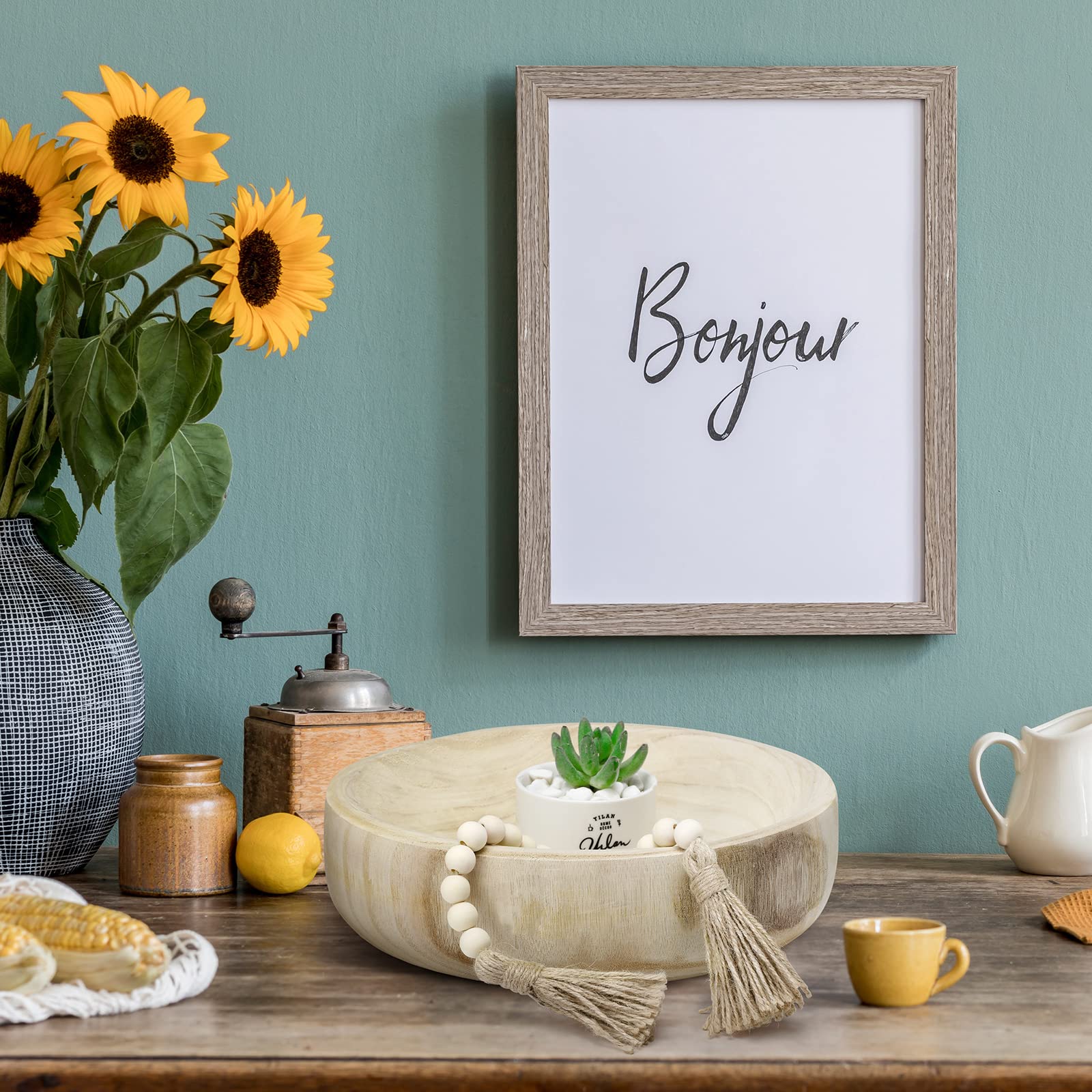 Kathfly Natural Rustic Wooden Decorative Bowl Set - Paulownia Wood Serving & Dough Bowl for Home Decor, Table Centerpieces, Wedding & Party Decorations with Wood Bead Garland (Round) - Perfect for Farmhouse Style Dining, Rustic Weddings, and Holiday Tablescapes