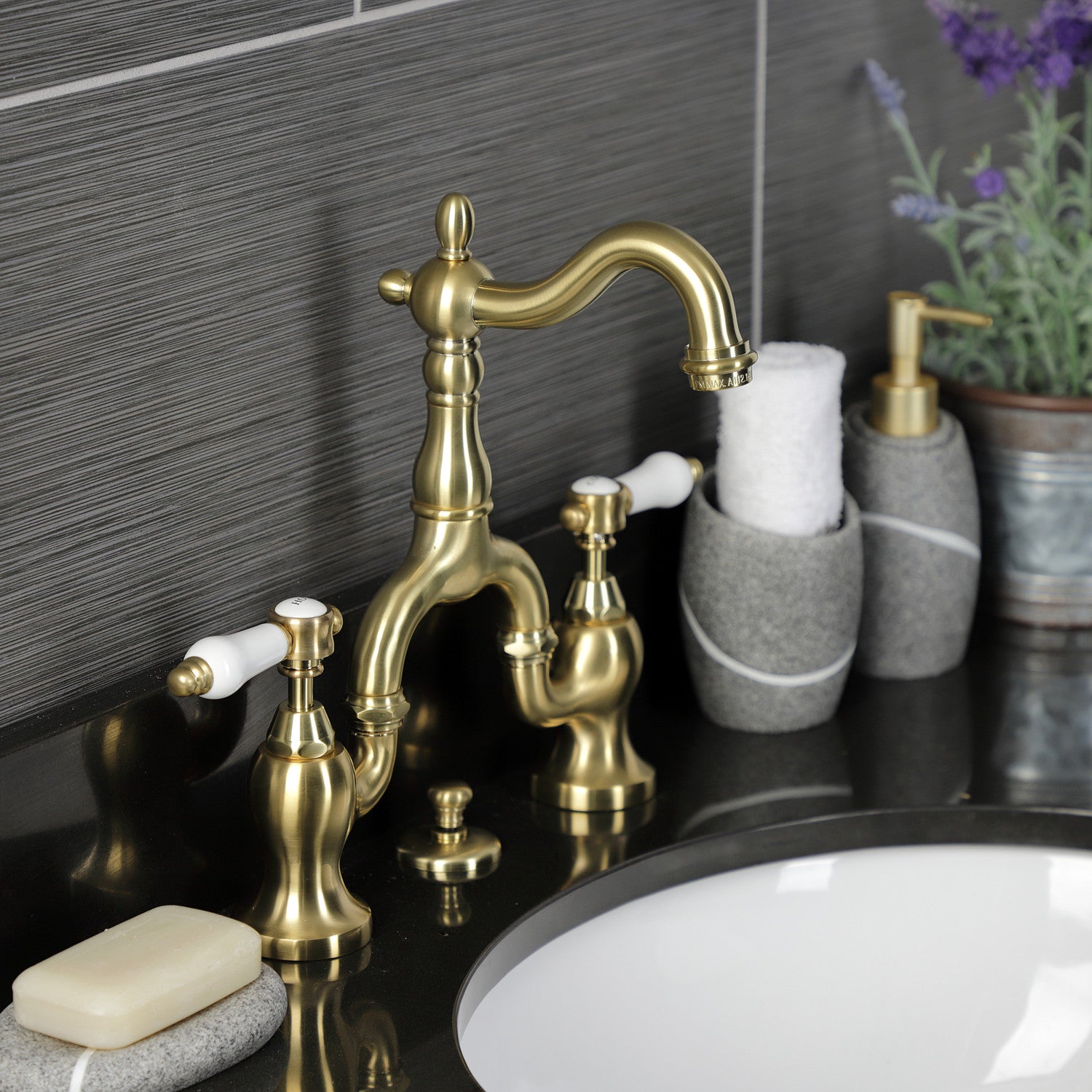 Bel Air KS7977BPL Brushed Brass Two-Handle 3-Hole Deck Mount Bathroom Sink Faucet with Brass Pop-Up Drain - Perfect for Modern Bathrooms & Vanities