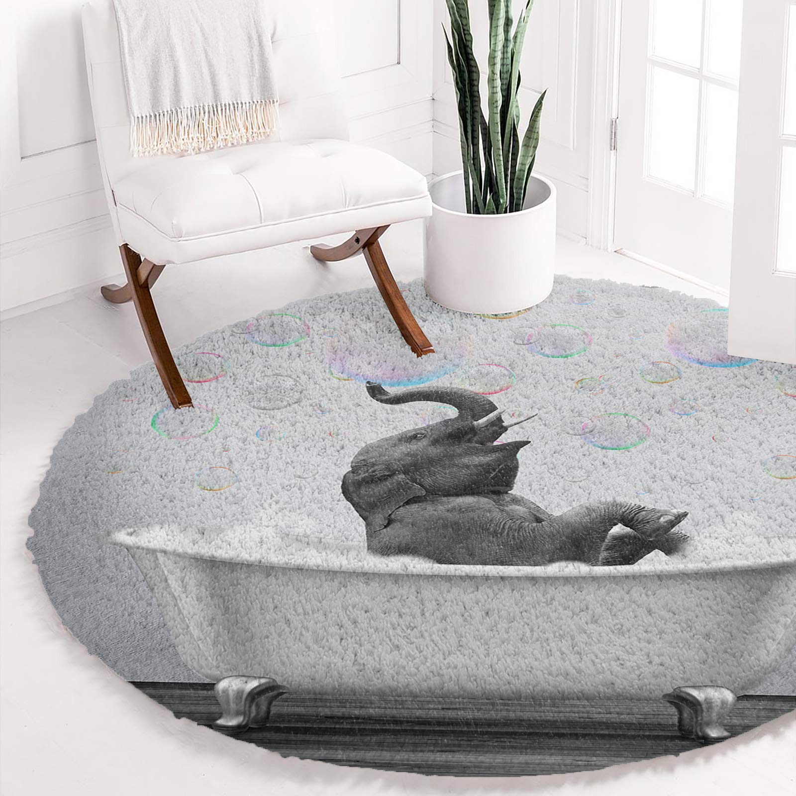 39in Soft Fluffy Round Area Rug - Funny Elephant in Bubble Bath Design - Washable Non-Slip Shaggy Carpet for Bedroom, Living Room, Nursery - Grey Animal Art Decor (Perfect for Kids Room, Cozy Home & Play Areas)