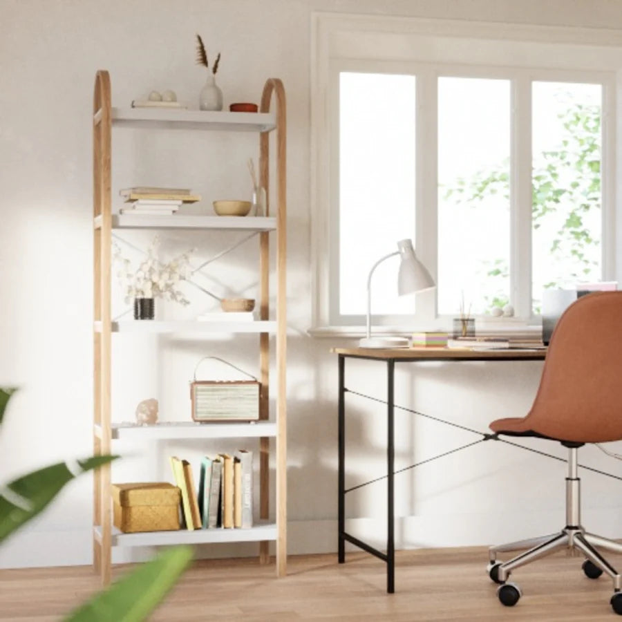 Bellwood 5-Tier Freestanding Shelf - White/Natural Wood - Perfect for Living Room, Bedroom, or Office Storage & Organization