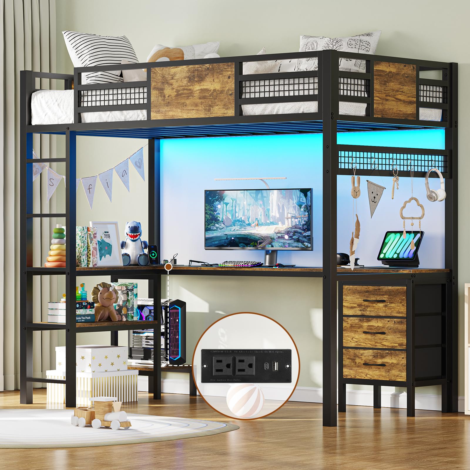Twin Loft Bed with L-Shaped Desk - Metal Twin Size Bed Frame with LED Lights & USB Charging Station, 3 Fabric Drawers & 2-Tier Storage Shelves, Safety Guard Rail & Ladder - Space Saving Kids/Teens Bed for Small Rooms, Dorms & Apartments (No Box Spring Needed)