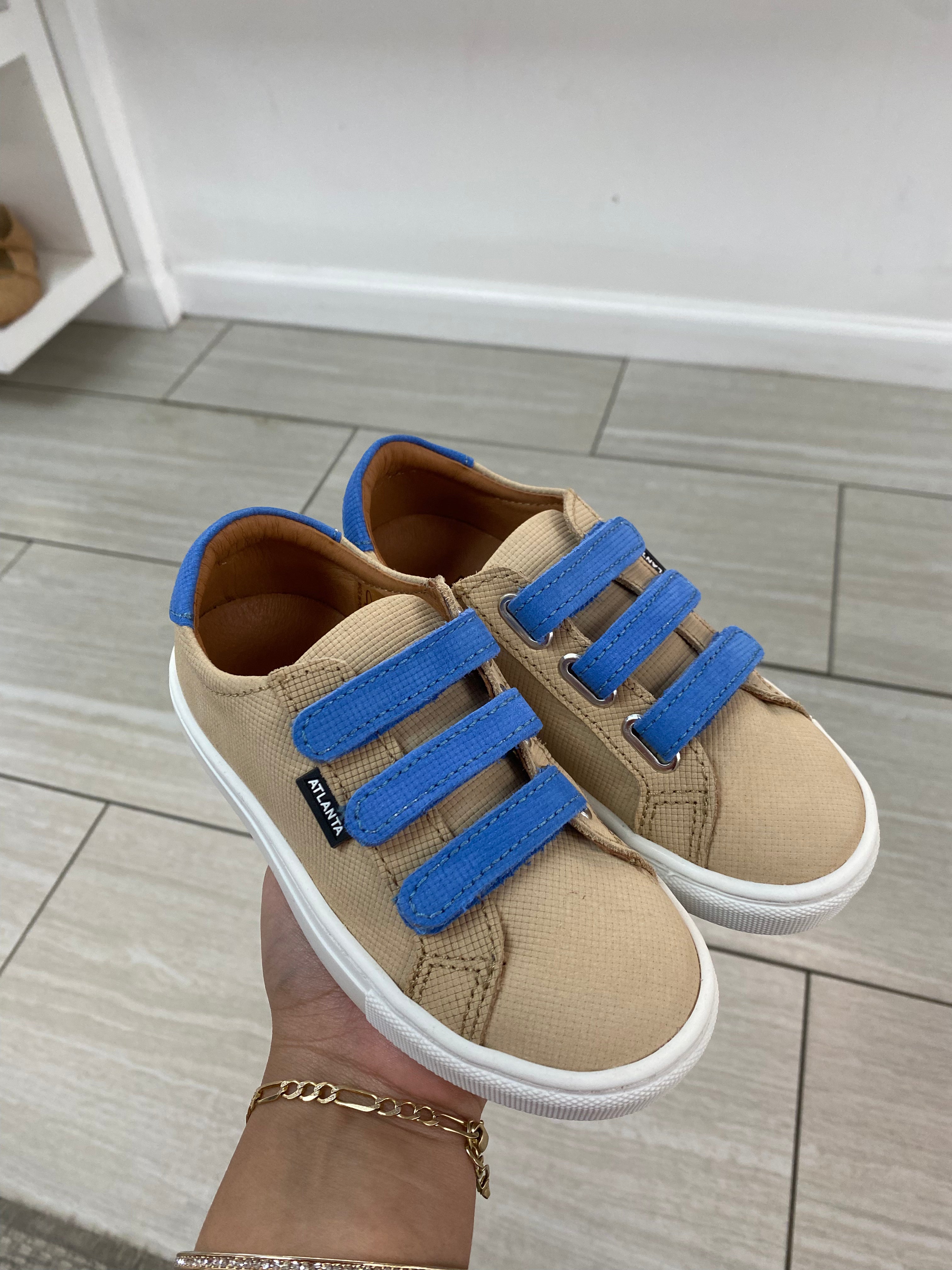 Atlanta Moccasin Tan & Blue Textured Velcro Sneakers for Men - Comfortable Slip-On Casual Shoes for Walking, Travel & Everyday Wear