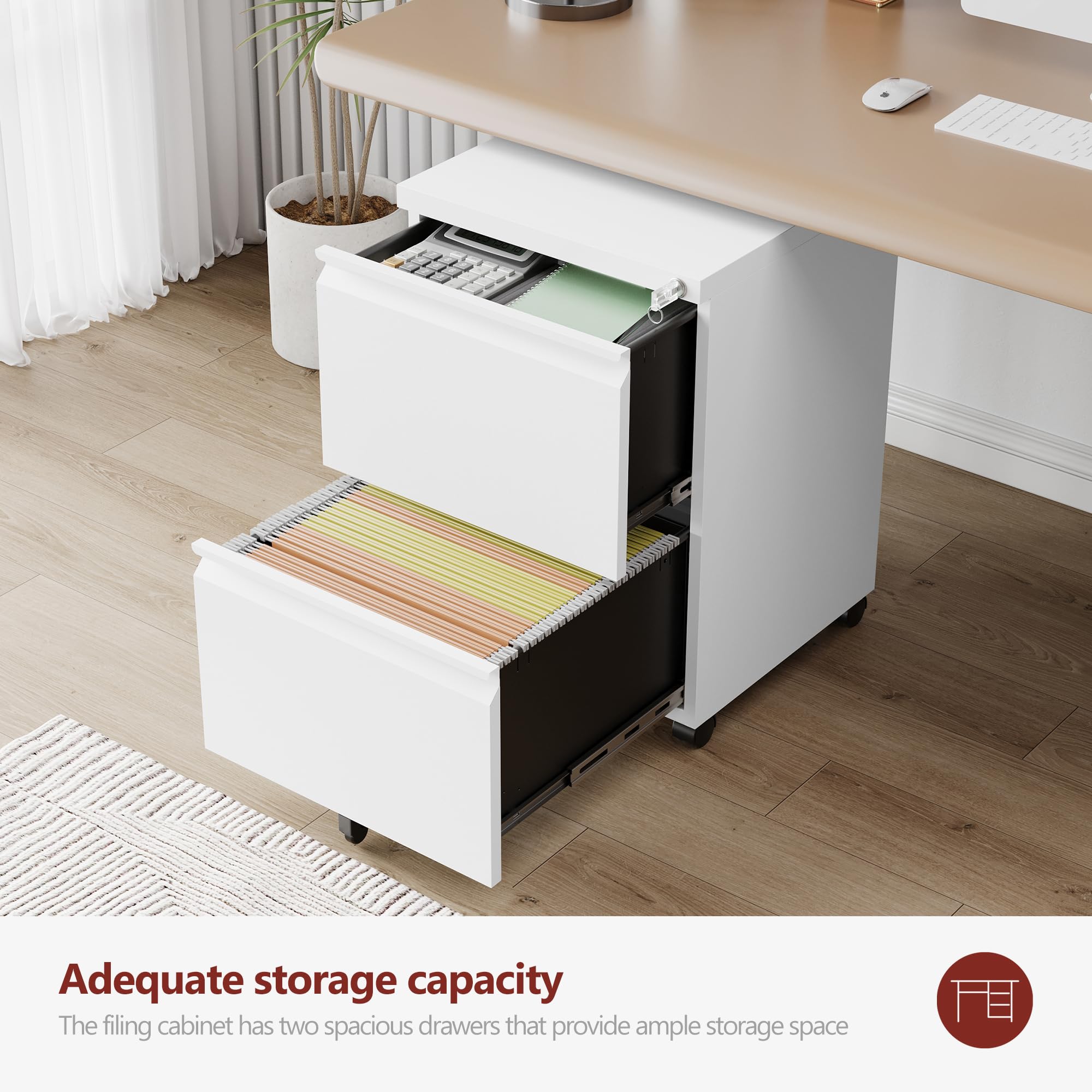 2 Drawer Mobile File Cabinet with Lock & Wheels - Fully Assembled Metal Under Desk Storage for A4/Letter/Legal Size Documents - Perfect for Office, Home & Workspace Organization (White)