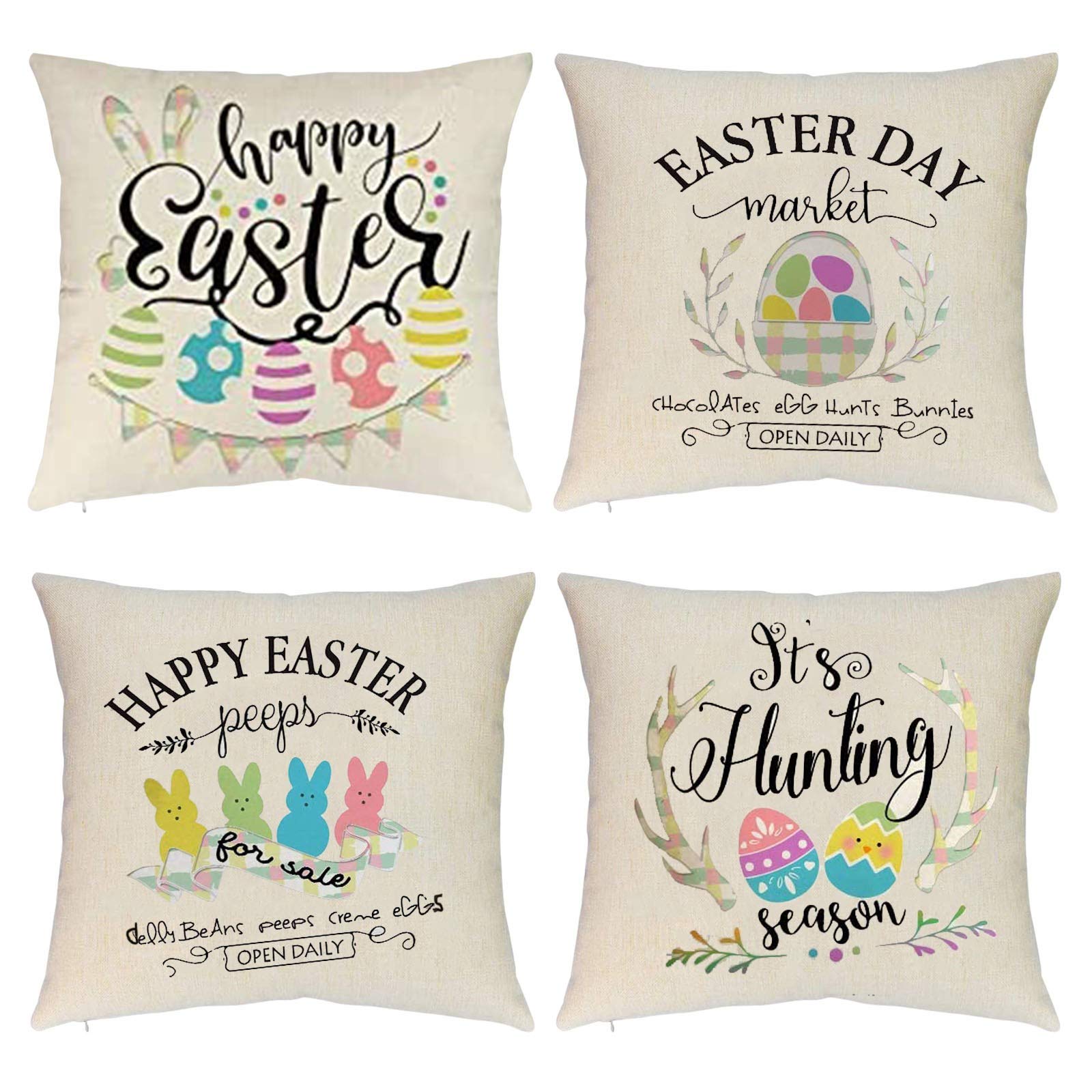 Farmhouse Easter Pillow Covers Set of 4 - 18x18 Inch Decorative Spring Pillowcases with Egg, Rabbit & Wreath Designs for Sofa, Couch, Living Room - Perfect for Easter Decorations & Seasonal Home Decor