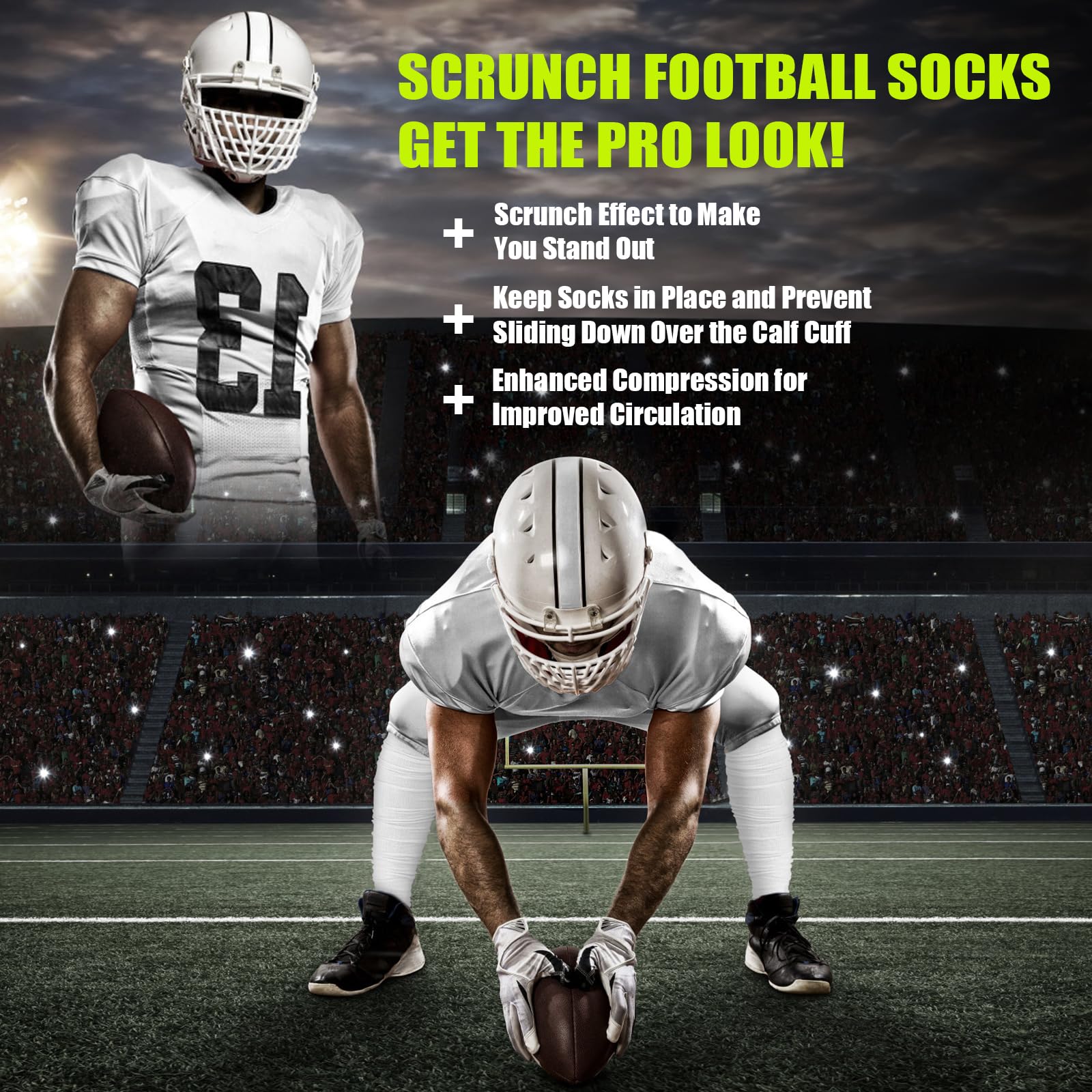 Hotfiary Extra Long Padded Soccer Socks for Men & Youth - 2 Pairs Football Baseball Athletic Team Sports Scrunch Socks - Perfect for Training, Games & Everyday Wear