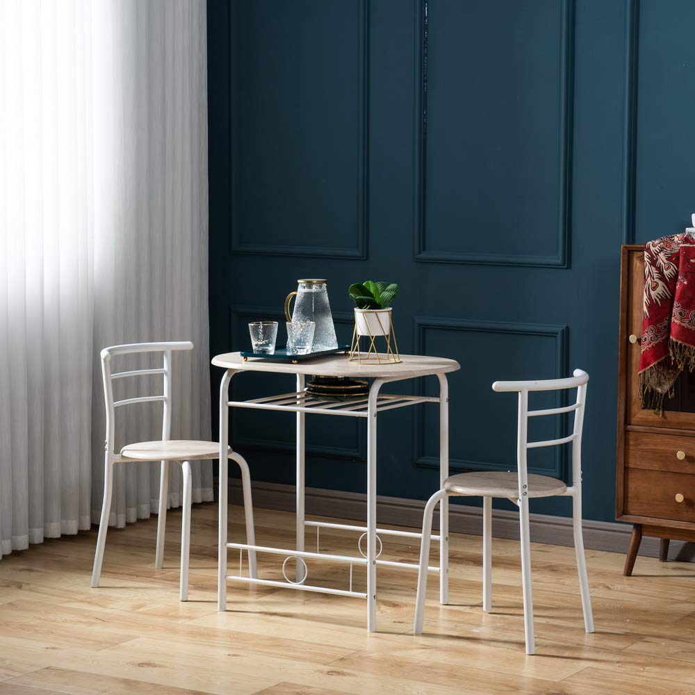 3 Piece Kitchen Table Set - Compact Dining Table with Wine Rack & 2 Metal Frame Chairs, Easy to Clean & Portable - Perfect for Small Spaces, Apartments, Breakfast Nooks & Outdoor Dining (Oak White)