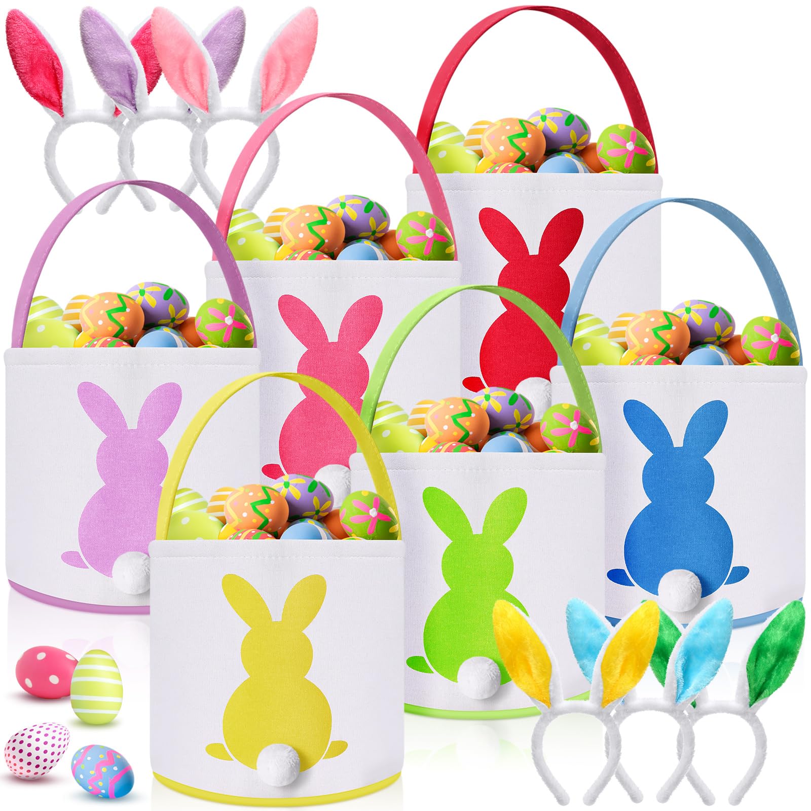Domensi 6-Piece Bunny Easter Basket Set with Plush Bunny Headbands for Kids & Adults - Small Canvas Easter Baskets Bulk for Easter Egg Hunt Favors (9x9.45 Inches) - Perfect for Easter Parties, Classroom Treats & Spring Celebrations