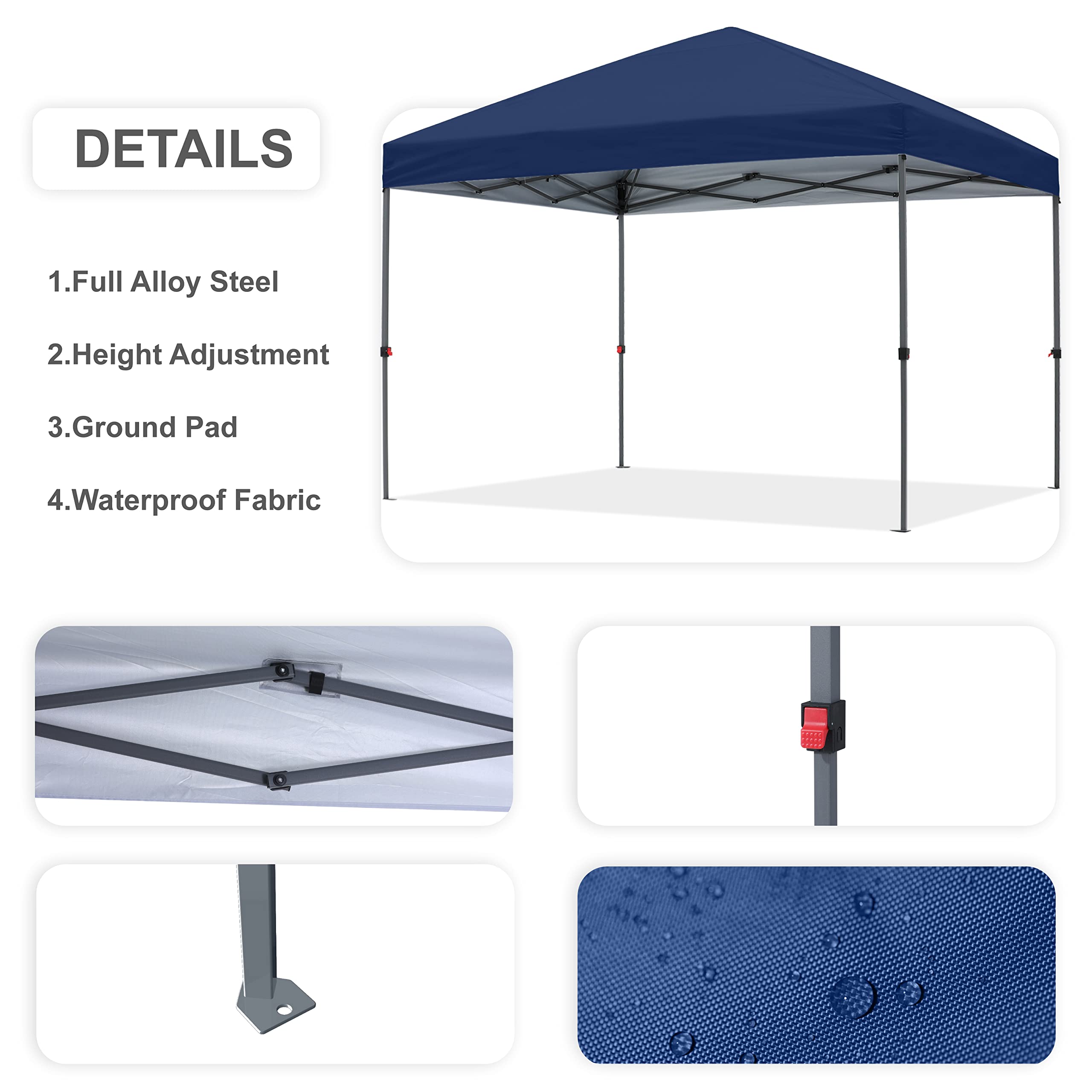 10x10 Pop Up Canopy Tent with Wheeled Carry Bag - Portable Outdoor Shelter for Backyard, Beach, Camping & Events - Includes 4 Ropes, Stakes & Sandbags - Navy Blue